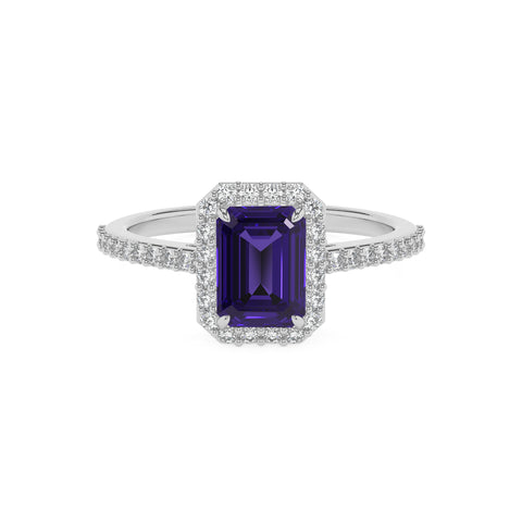 lab-grown tanzanite emerald half eterity halo solitaire engagement ring