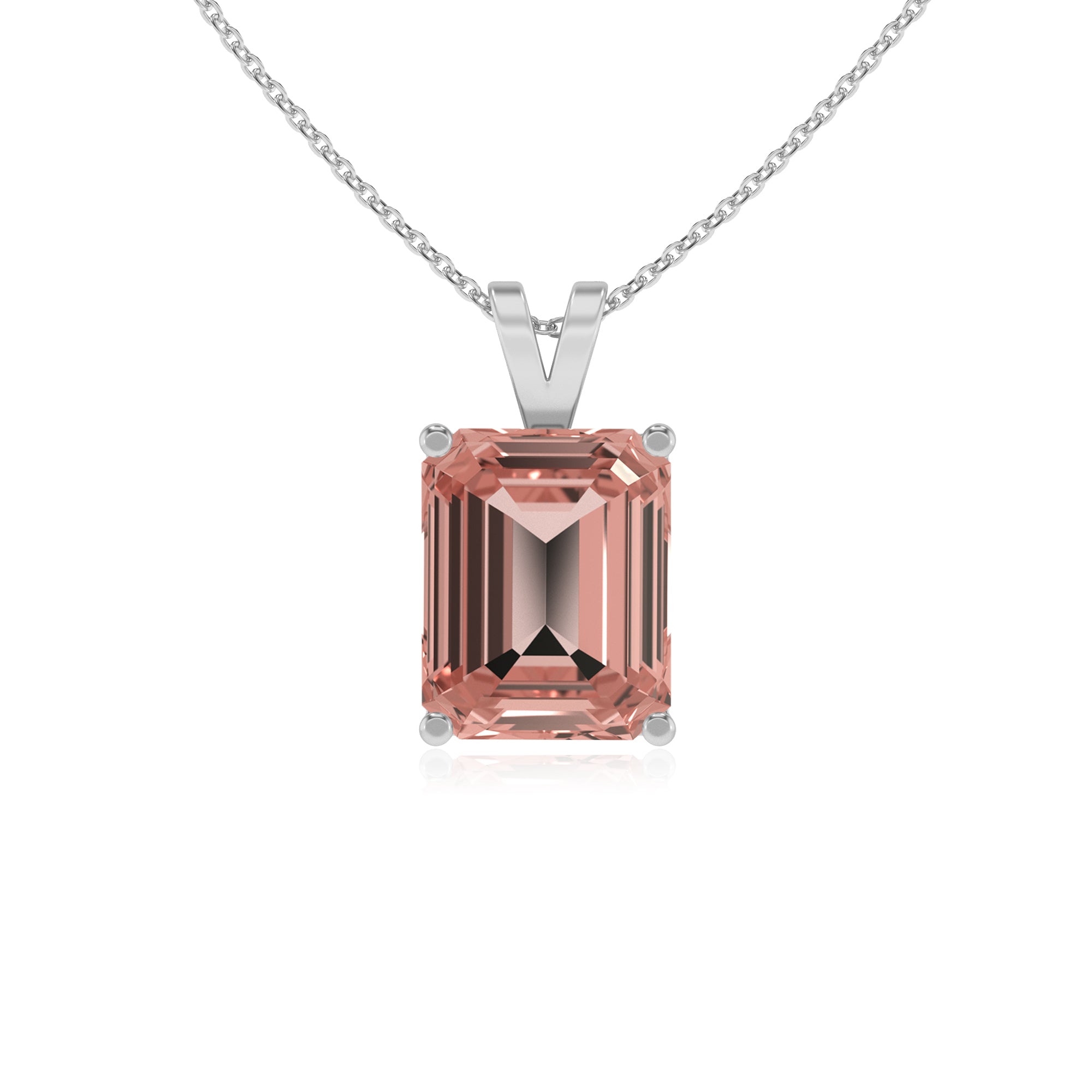 lab grown morganite emerald-cut shape solitaire v-bale pendant necklace