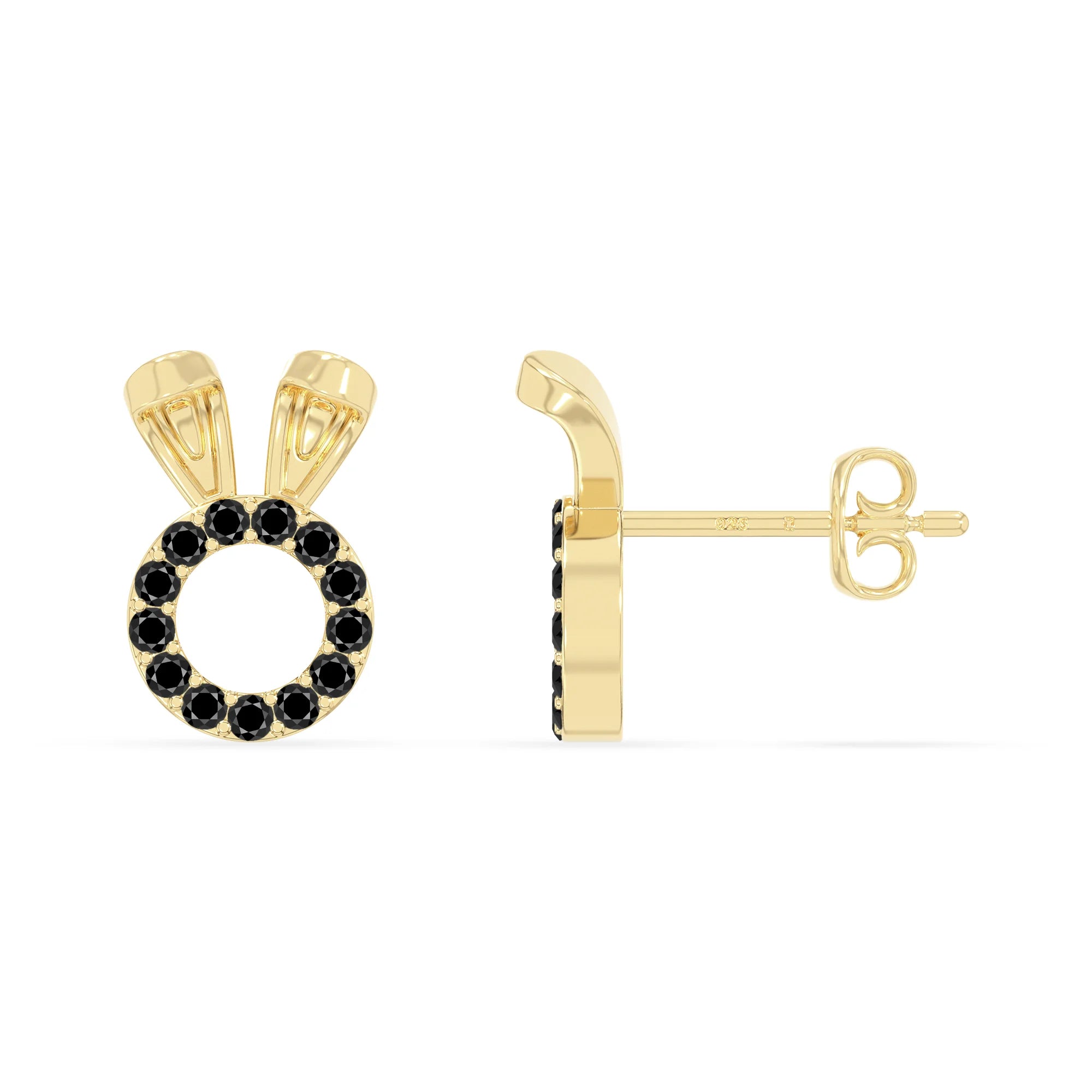 natural black-onyx bunny-rabit stud earrings in yellow gold vermeil 