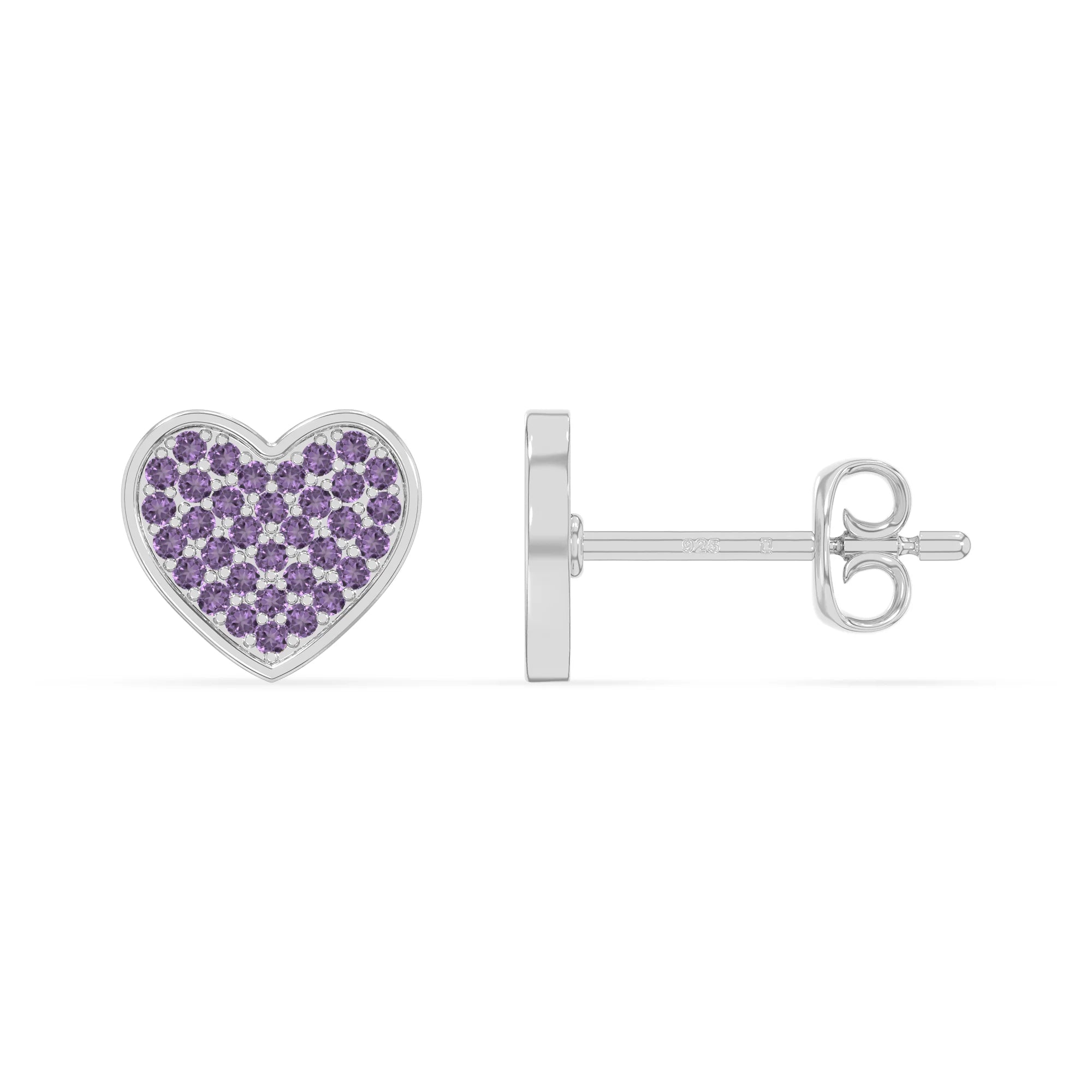 natural amethyst heart stud earrings in sterling silver 