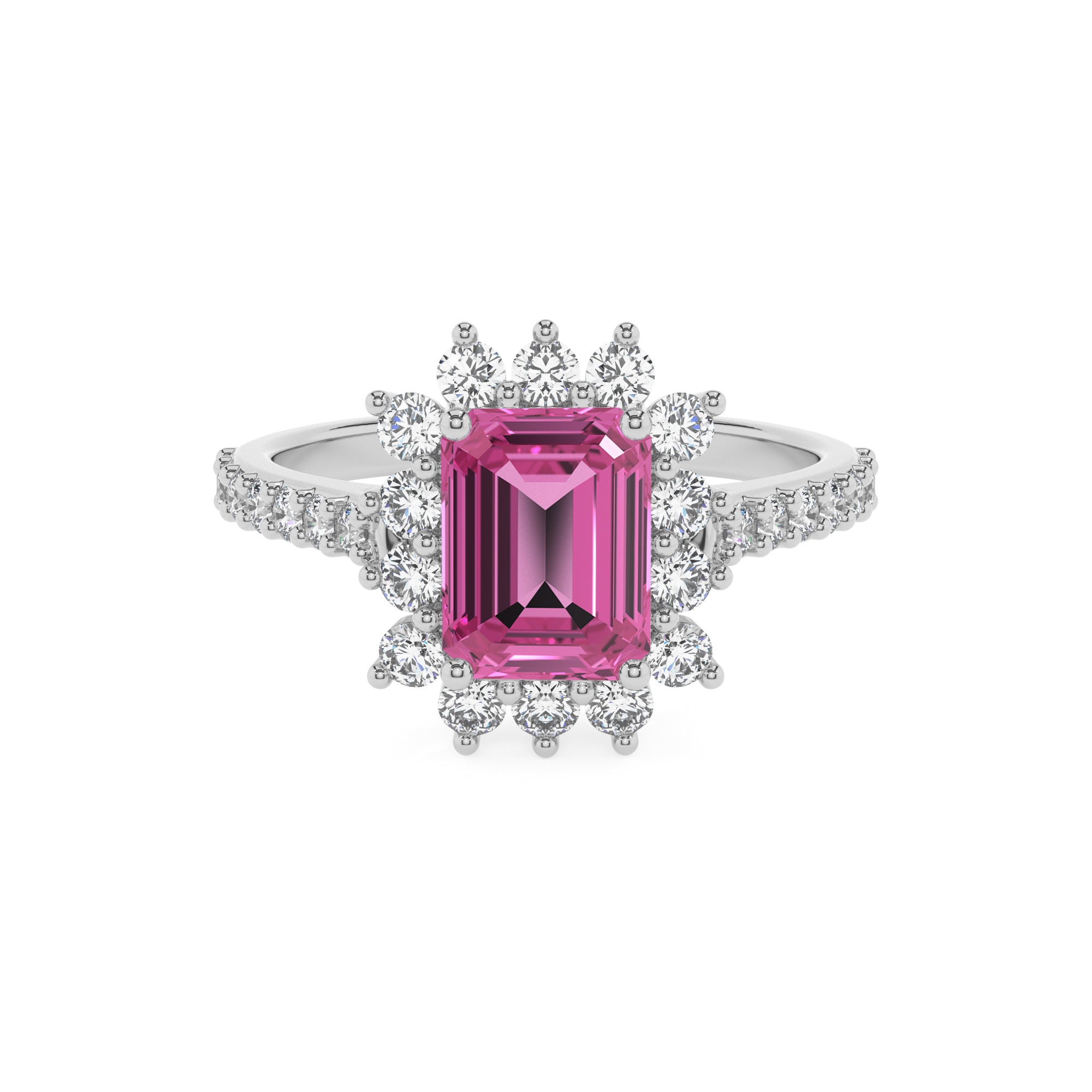 lab-grown pink-sapphire emerald half eterity halo solitaire engagement ring