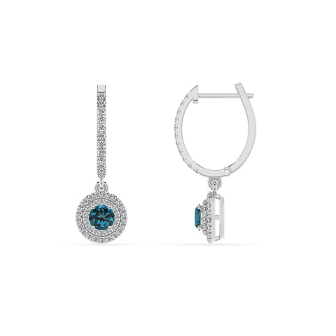 natural london blue topaz round double halo earrings with moissanite 