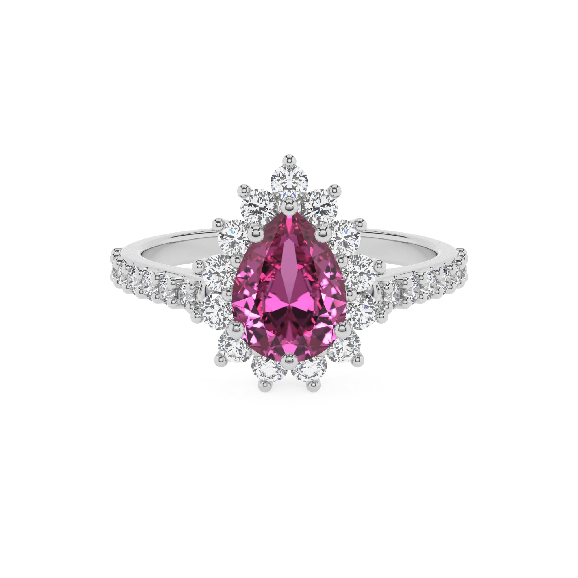 lab-grown pink-sapphire pear half eterity halo solitaire engagement ring