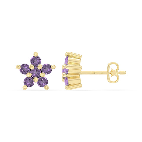 natural amethyst flower stud earrings in yellow gold vermeil 