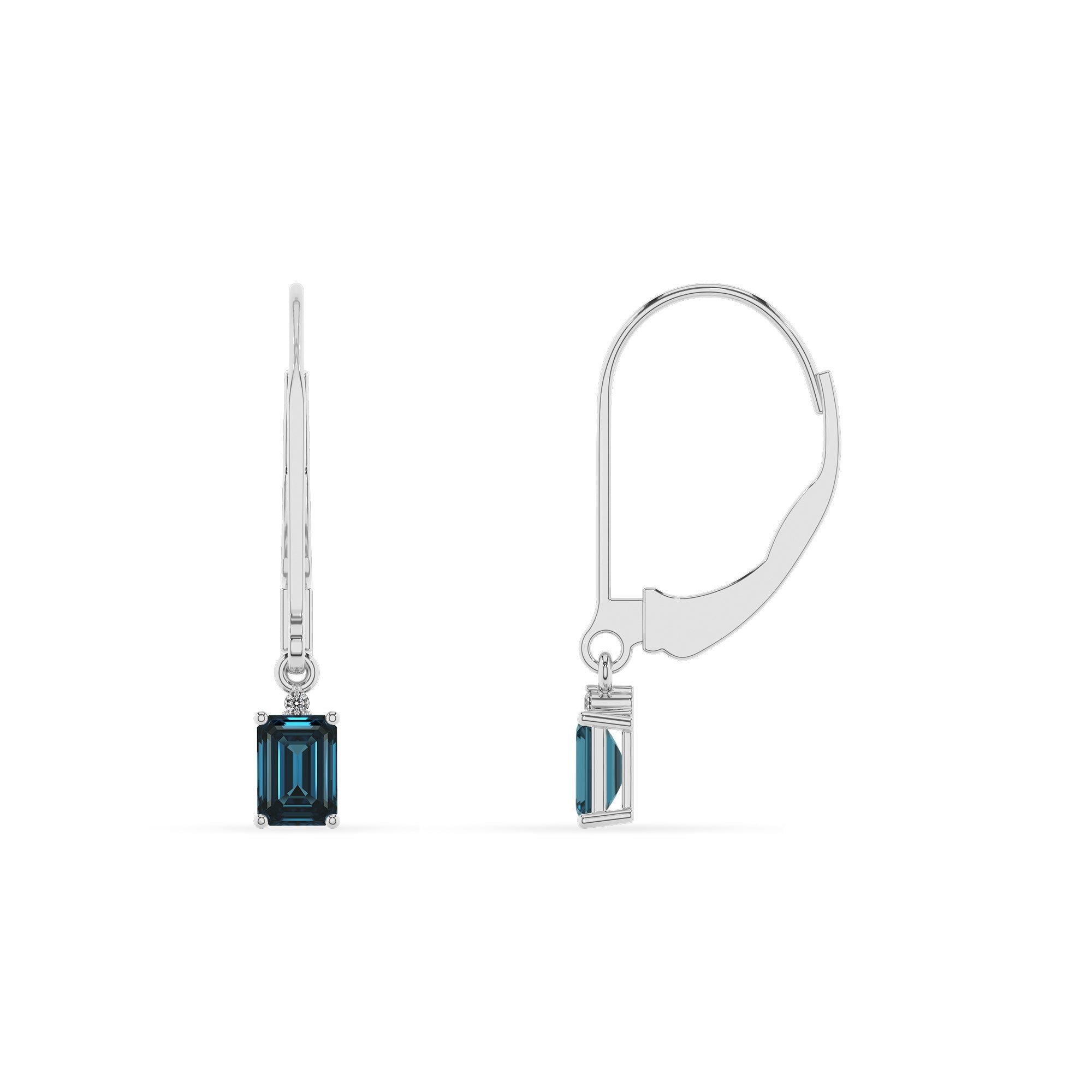 natural london blue topaz emerald cut dangle earrings with moissanite 