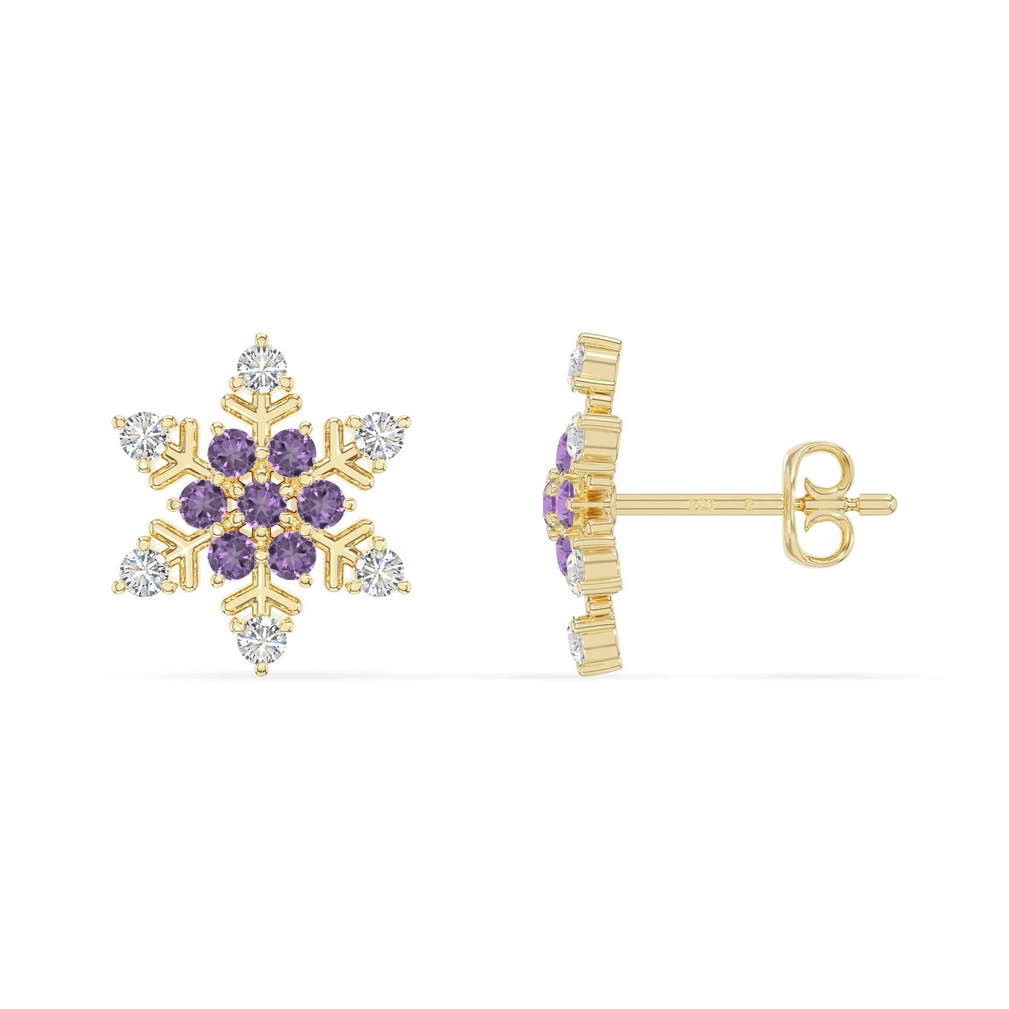 natural amethyst snowflake stud earrings in yellow gold vermeil 