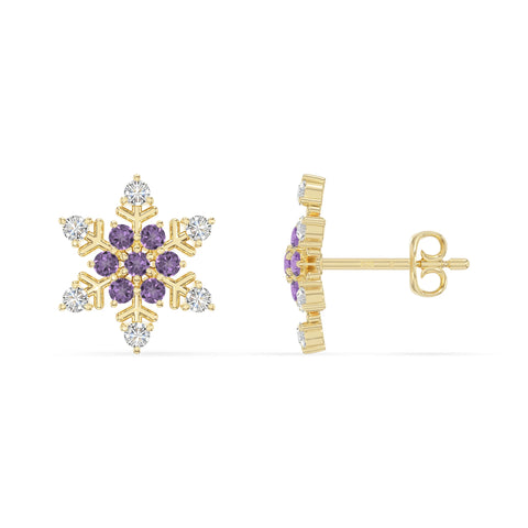 natural amethyst snowflake stud earrings in yellow gold vermeil 