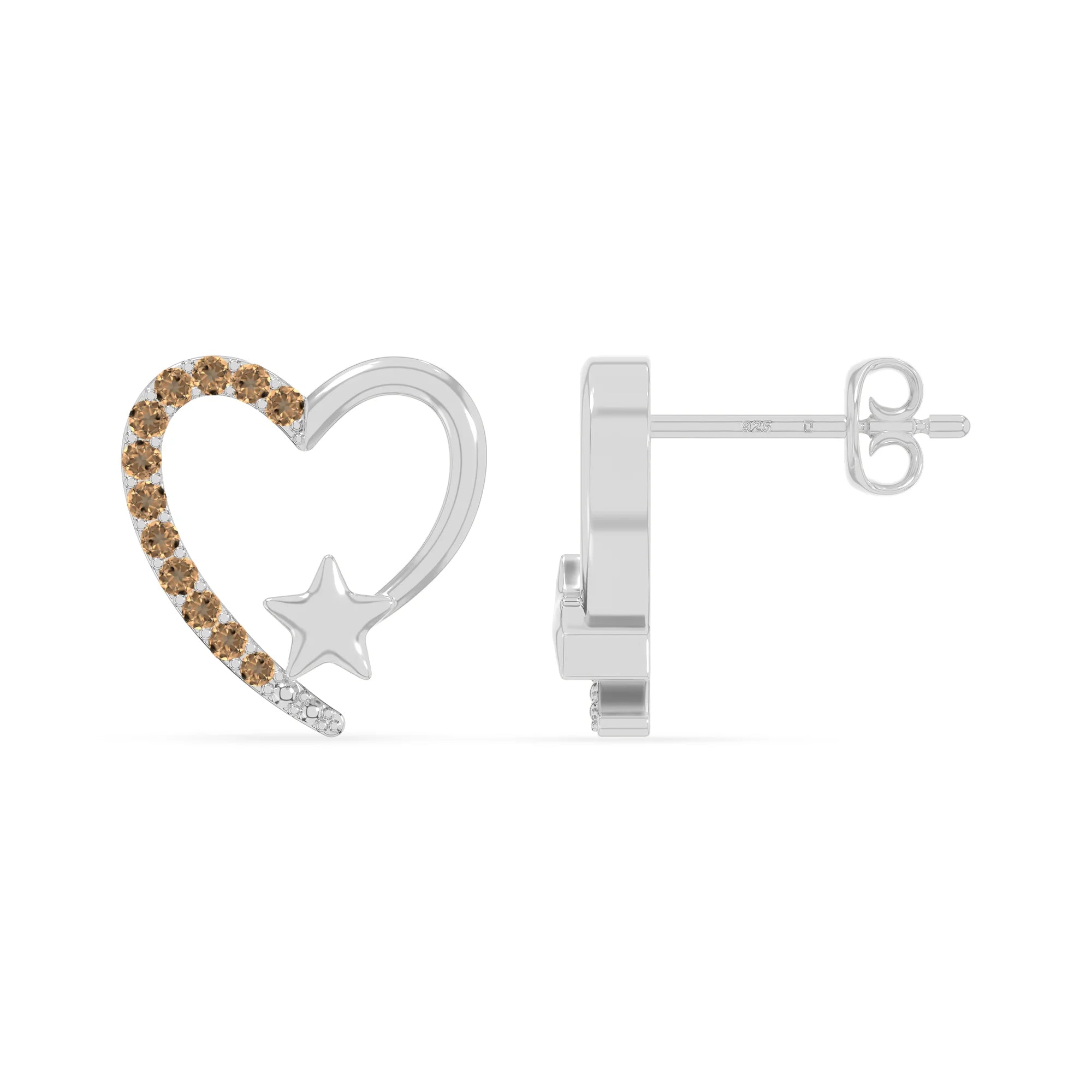 natural citrine heart-star stud earrings in sterling silver 