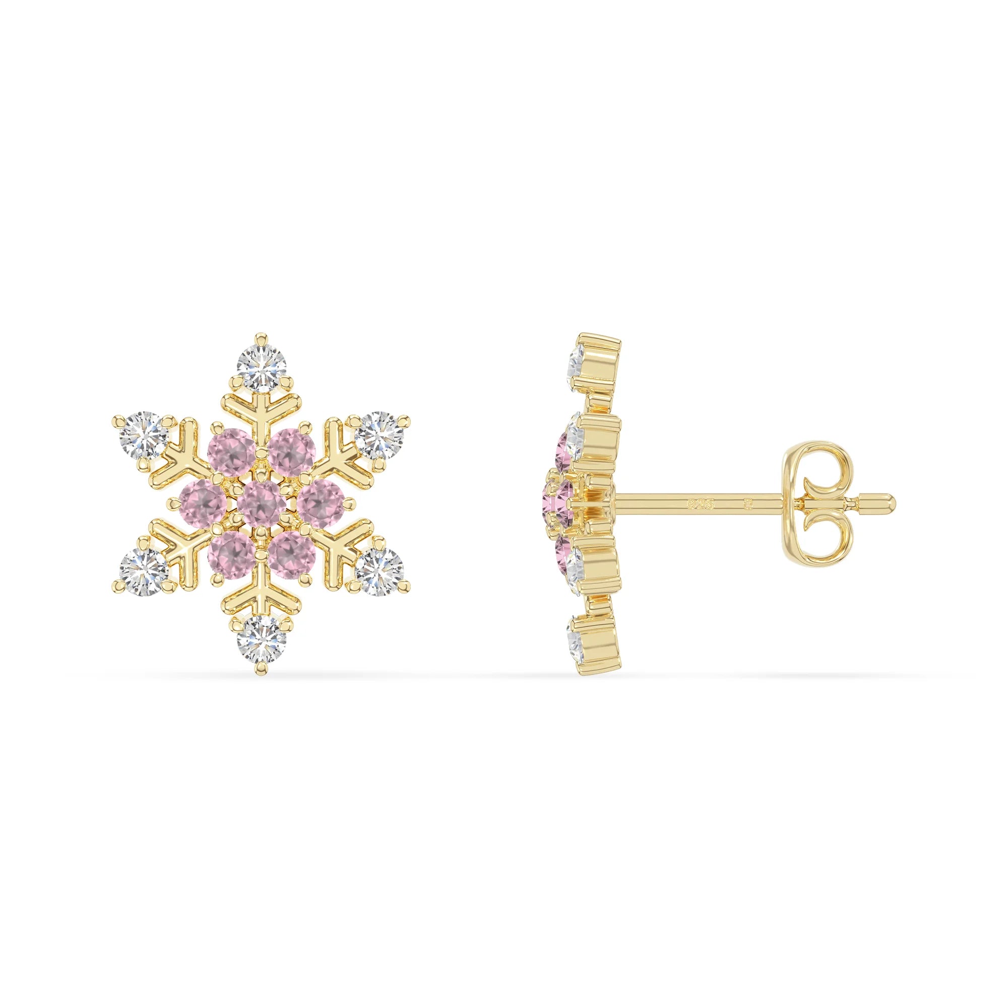 natural pink-tourmaline snowflake stud earrings in yellow gold vermeil 