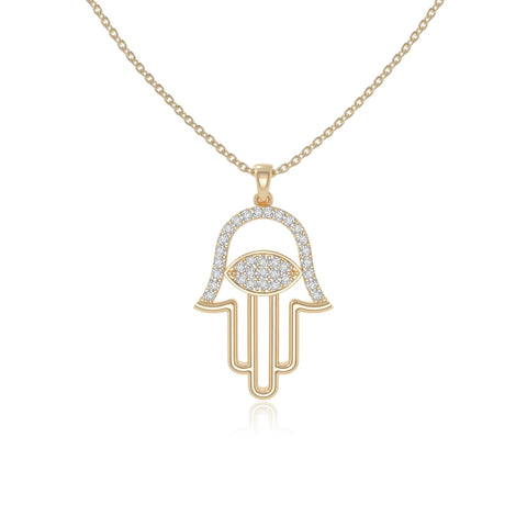 moissanite evil eye hamsa hand necklaces in yellow gold vermeil 