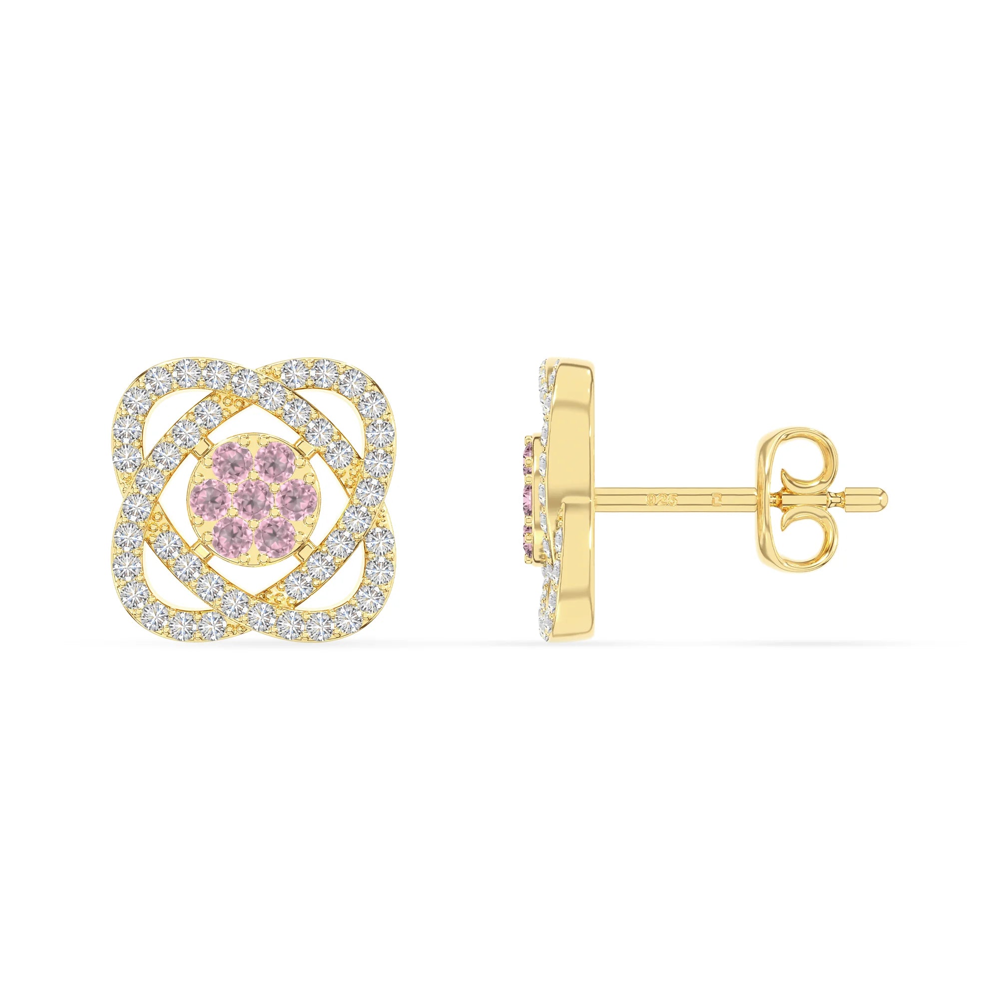 natural pink-tourmaline inner power stud earrings in yellow gold vermeil 