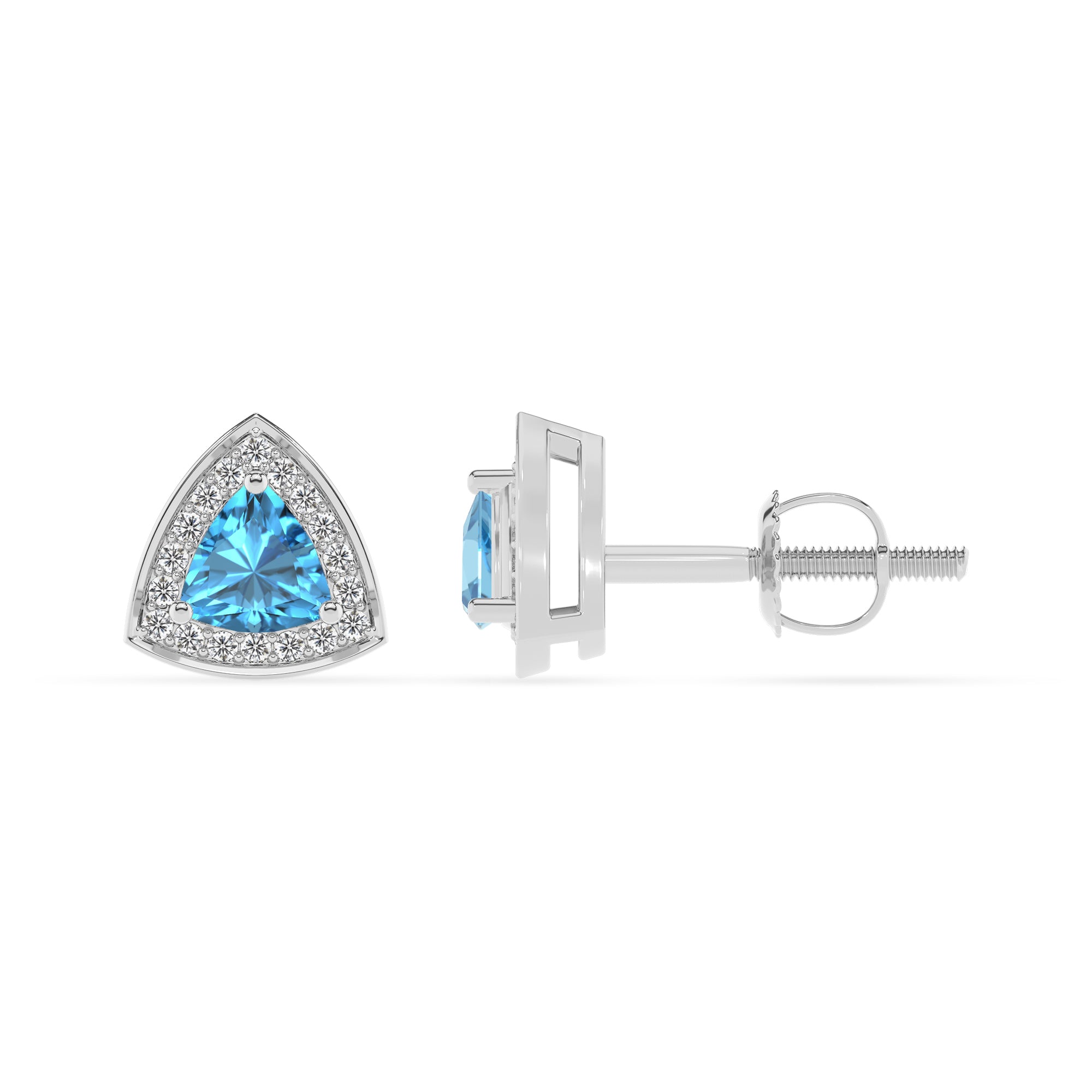 natural swiss blue topaz trillion stud earrings with moissanite 