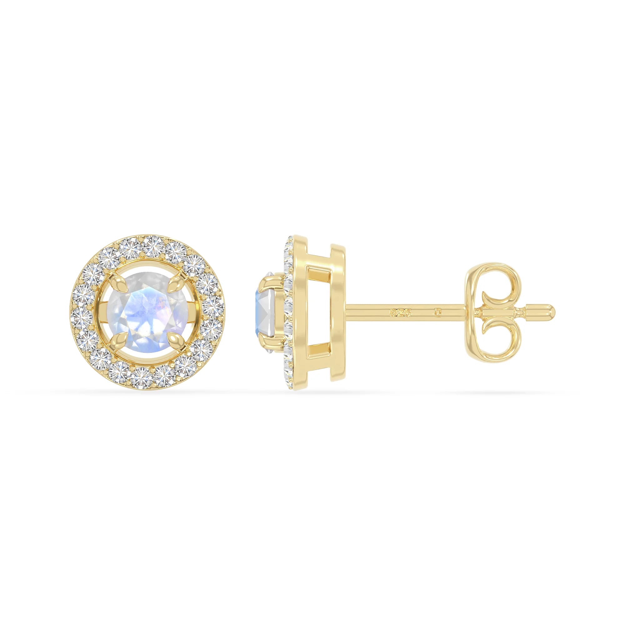 natural rainbow-moonstone halo stud earrings in yellow gold vermeil 