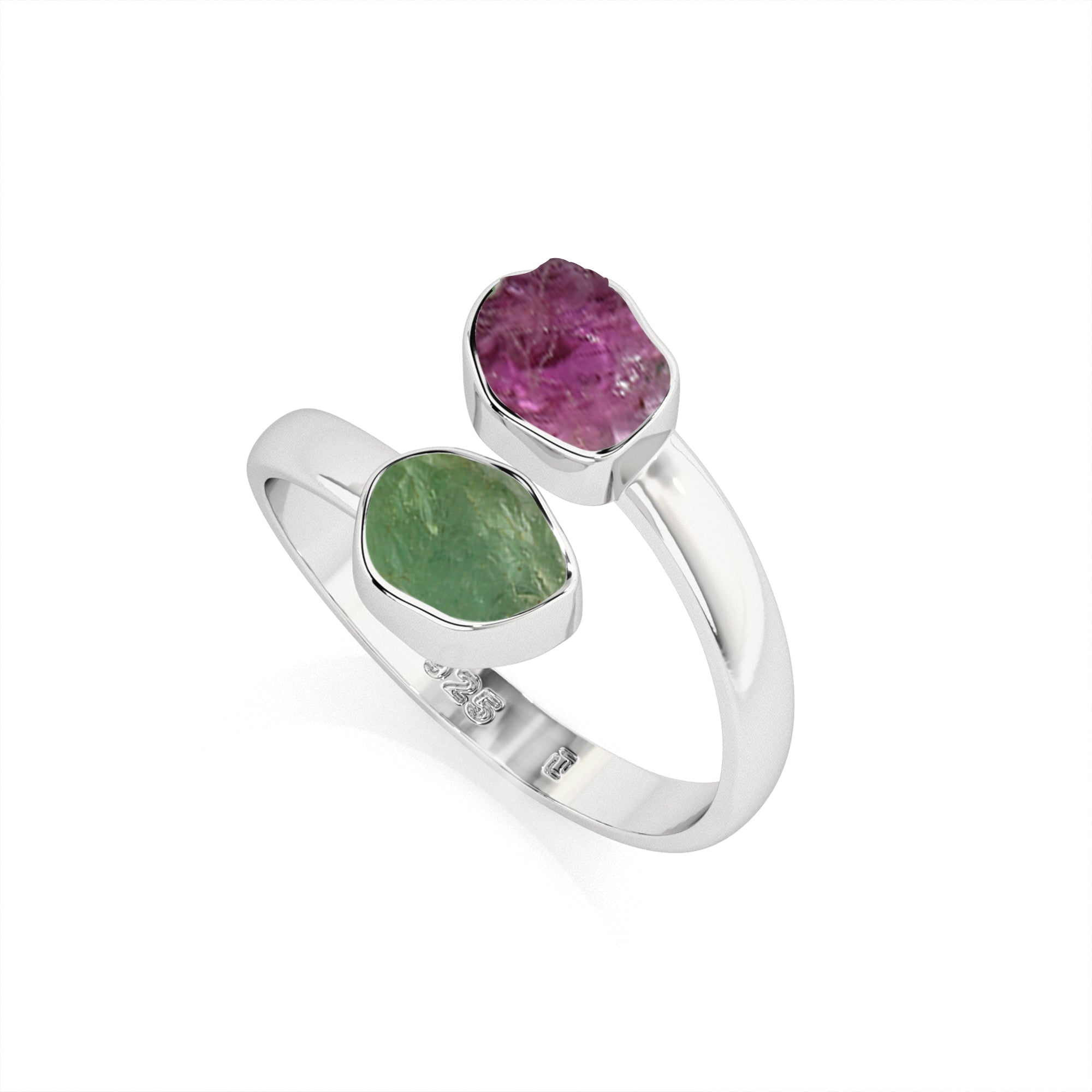 green-tourmaline-pink-tourmaline rough shape stackable bezel-set ring