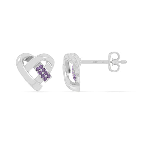 natural amethyst ribbon-heart stud earrings in sterling silver 