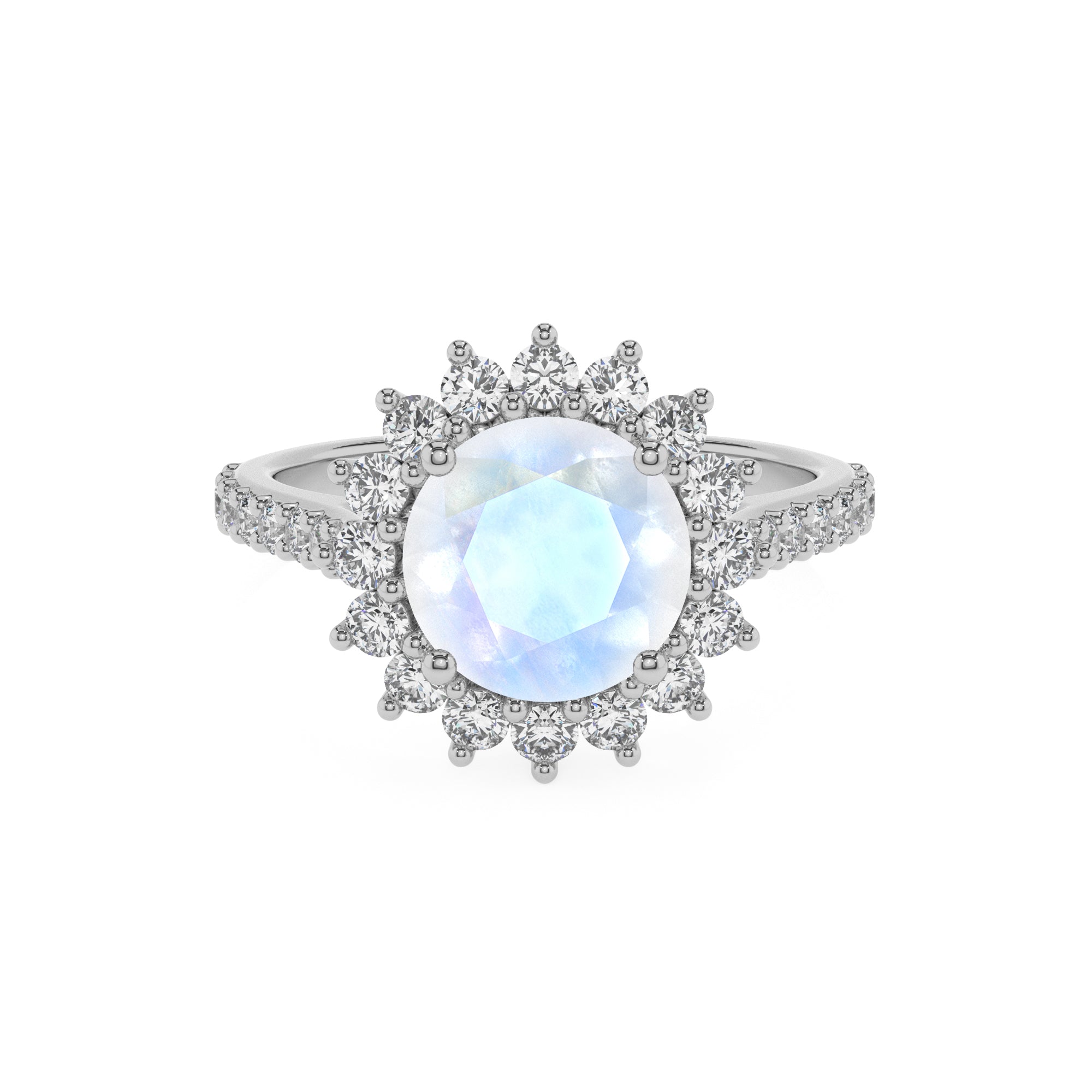 natural rainbow-moonstone round half eterity halo solitaire engagement ring