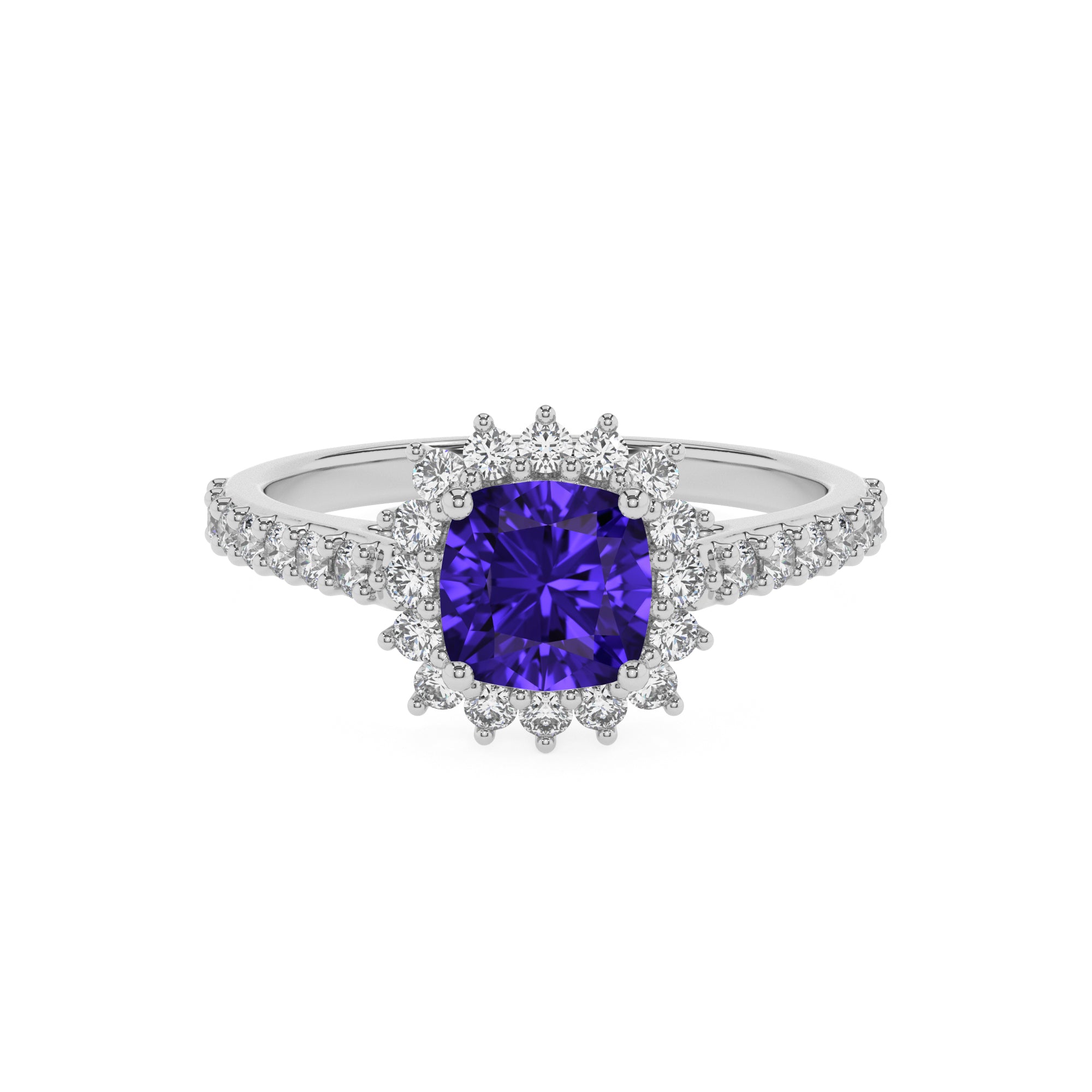 lab-grown tanzanite cushion half eterity halo solitaire engagement ring