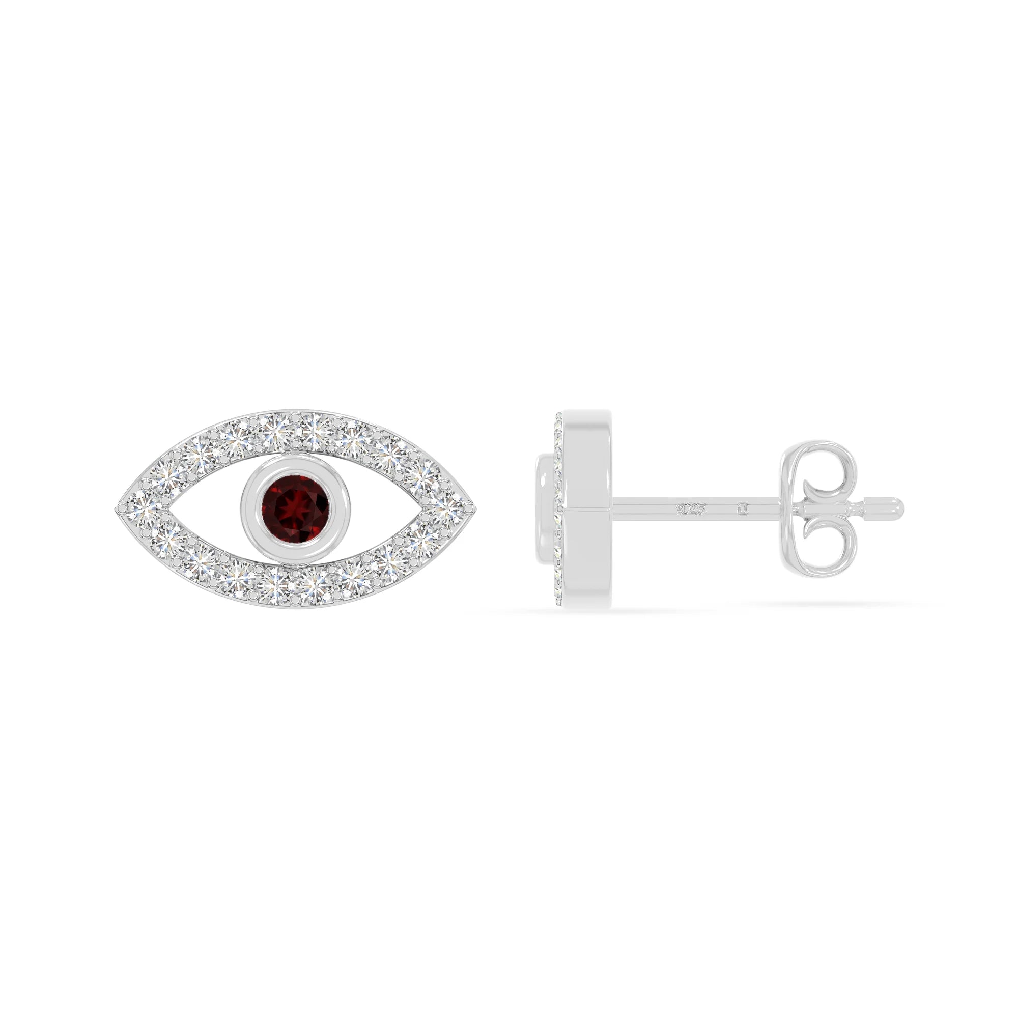 natural garnet evil eye stud earrings in sterling silver 