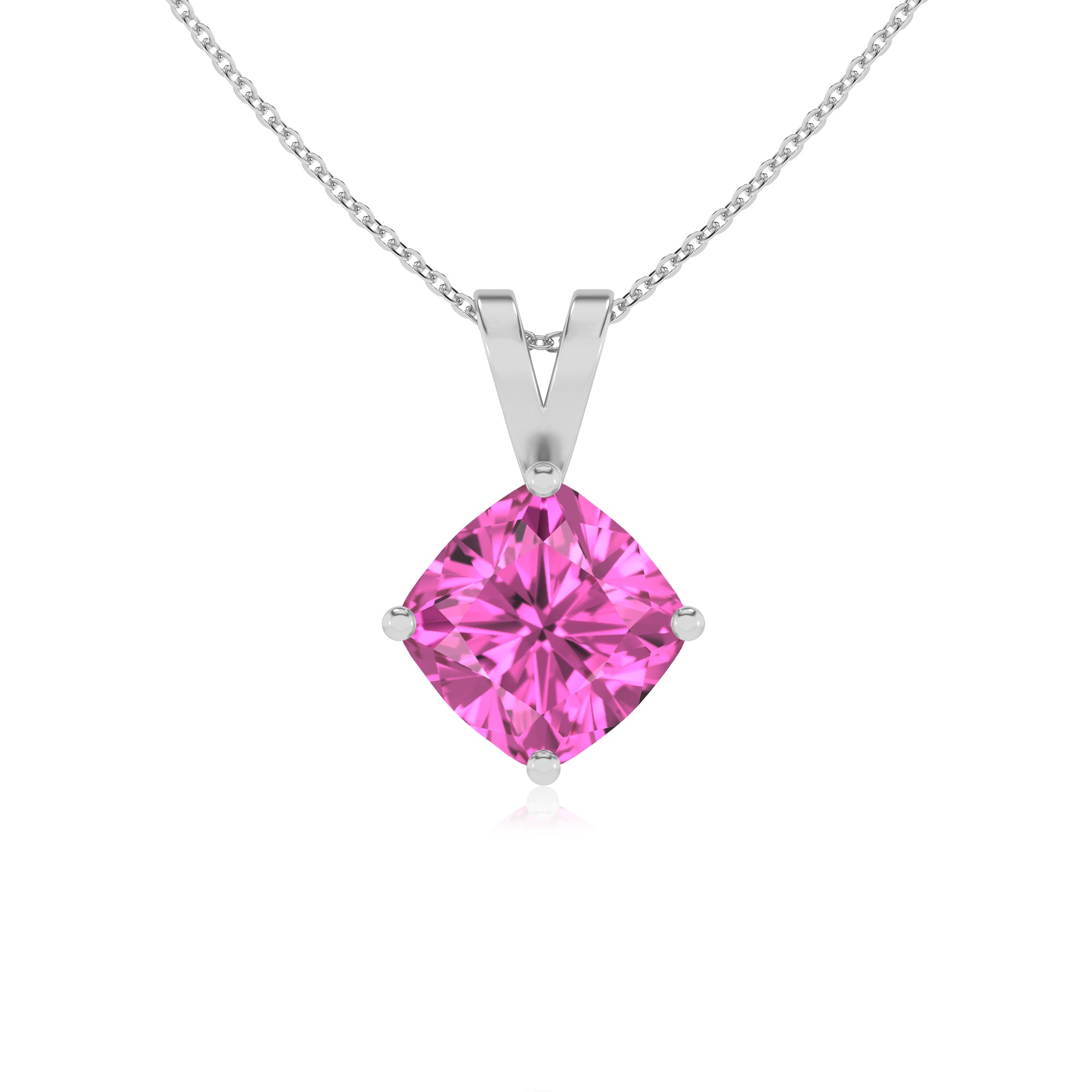 lab grown pink sapphire cushion shape solitaire v-bale pendant necklace