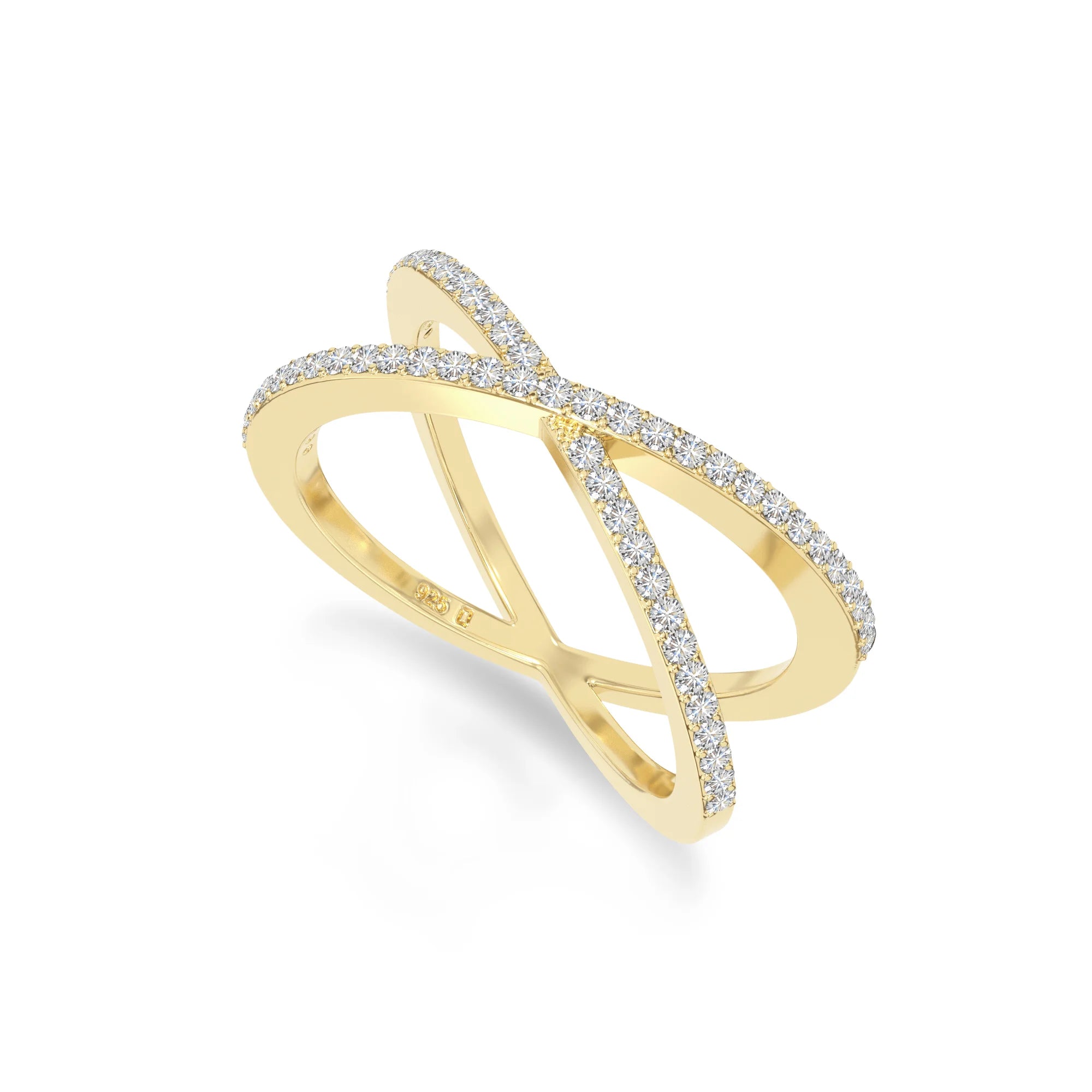 natural moissanite criss cross band rings in yellow gold vermeil