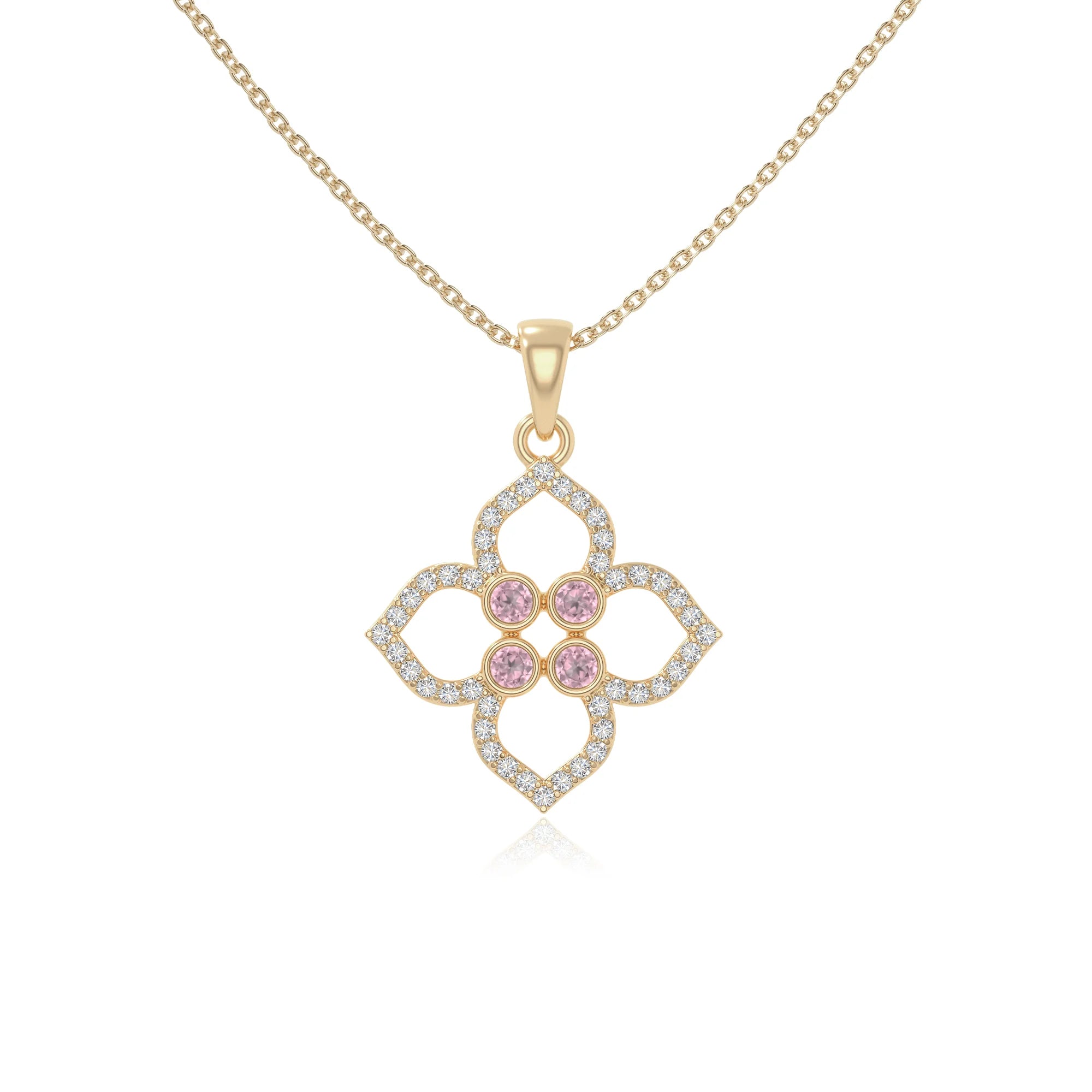 natural pink-tourmaline 4 petal flower necklaces in yellow gold vermeil 