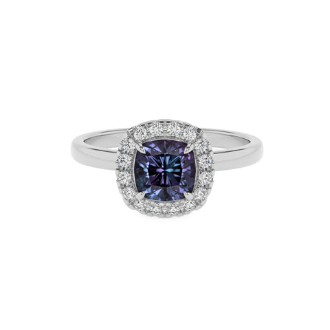 lab grown alexandrite cushion halo solitaire engagement ring