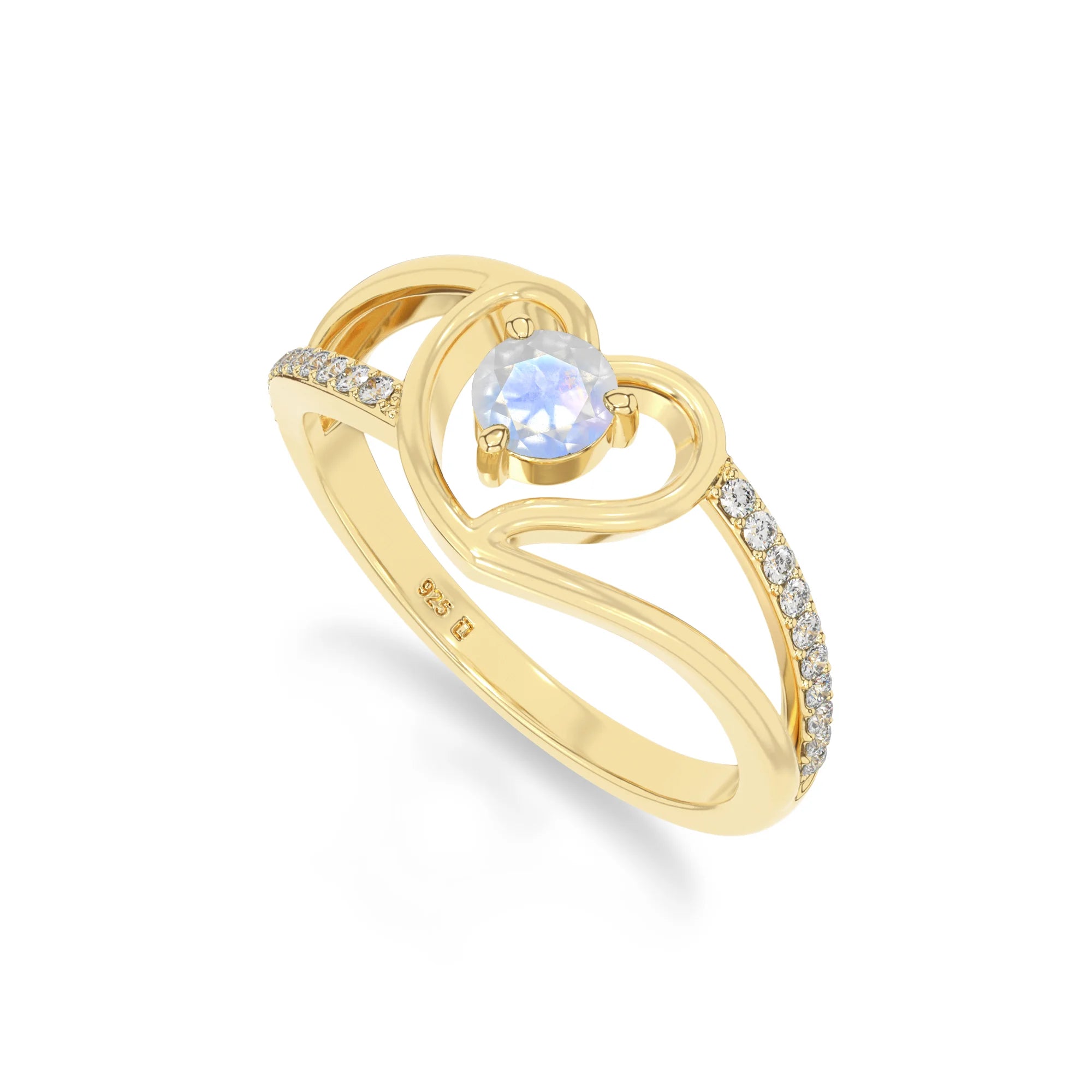 natural rainbow moonstone heart promise rings in yellow gold vermeil