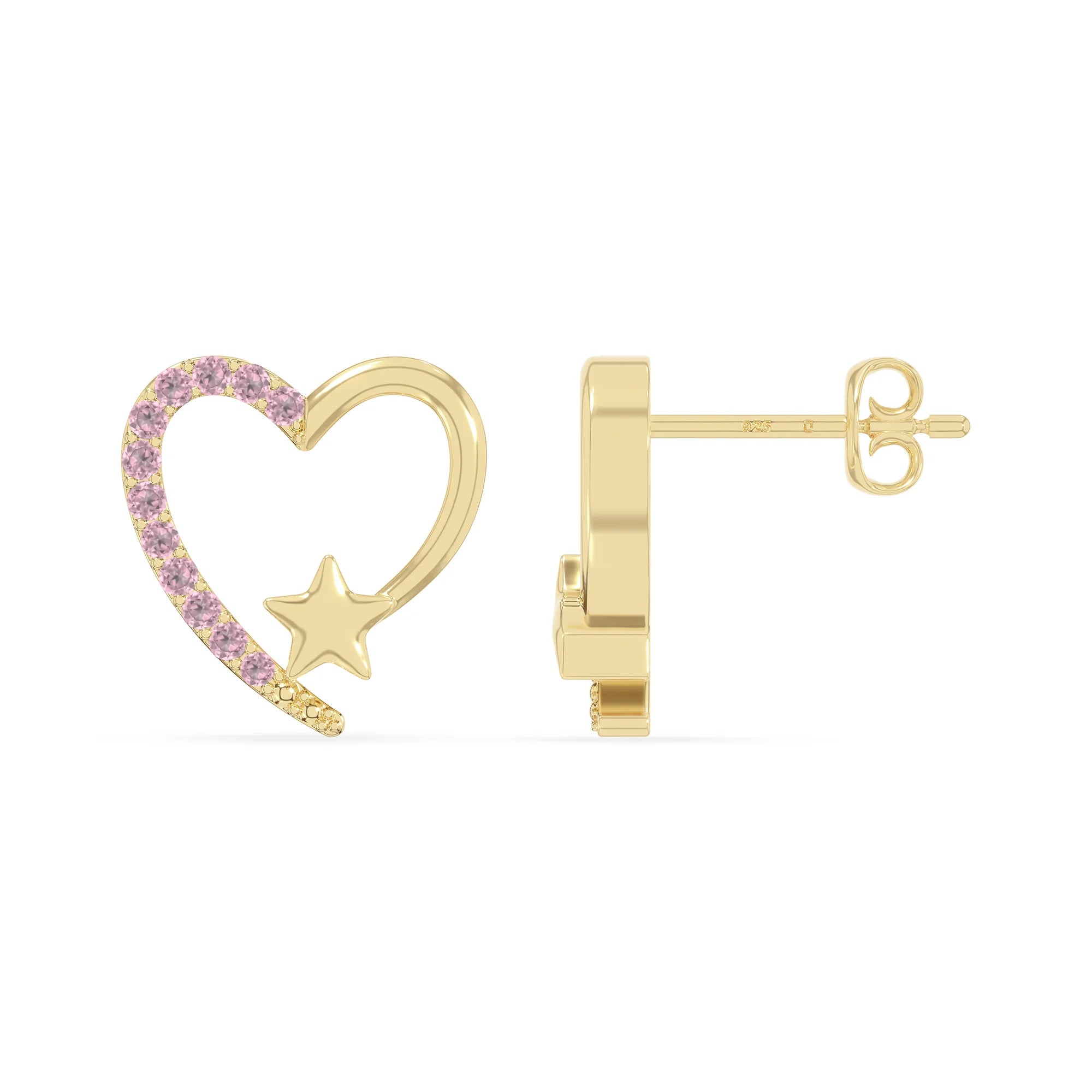 natural pink-tourmaline heart-star stud earrings in yellow gold vermeil 