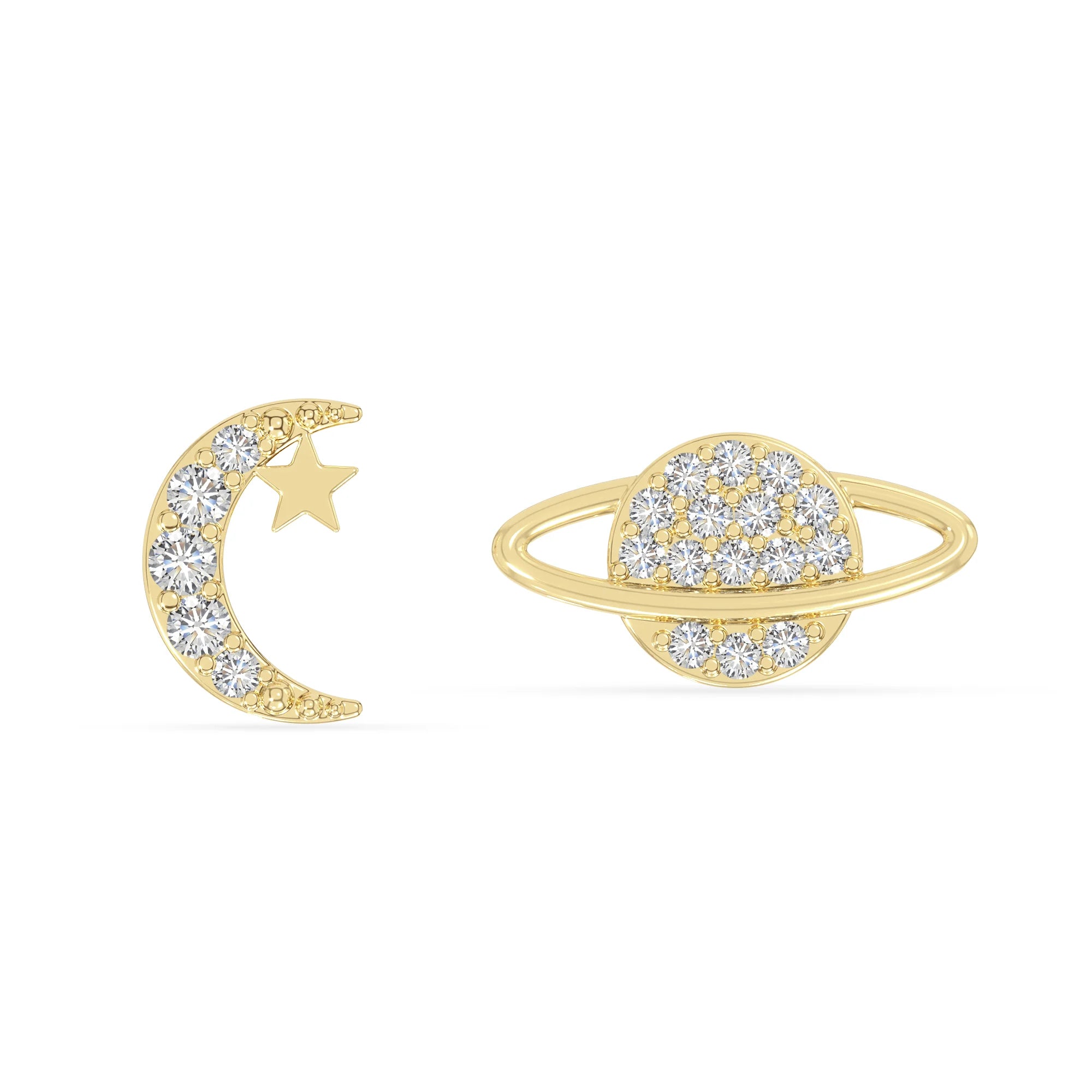 moissanite moon-star-planet stud earrings in yellow gold vermeil 