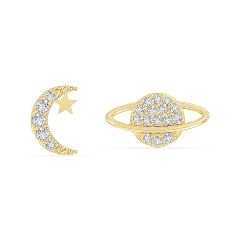 moissanite moon-star-planet stud earrings in yellow gold vermeil 