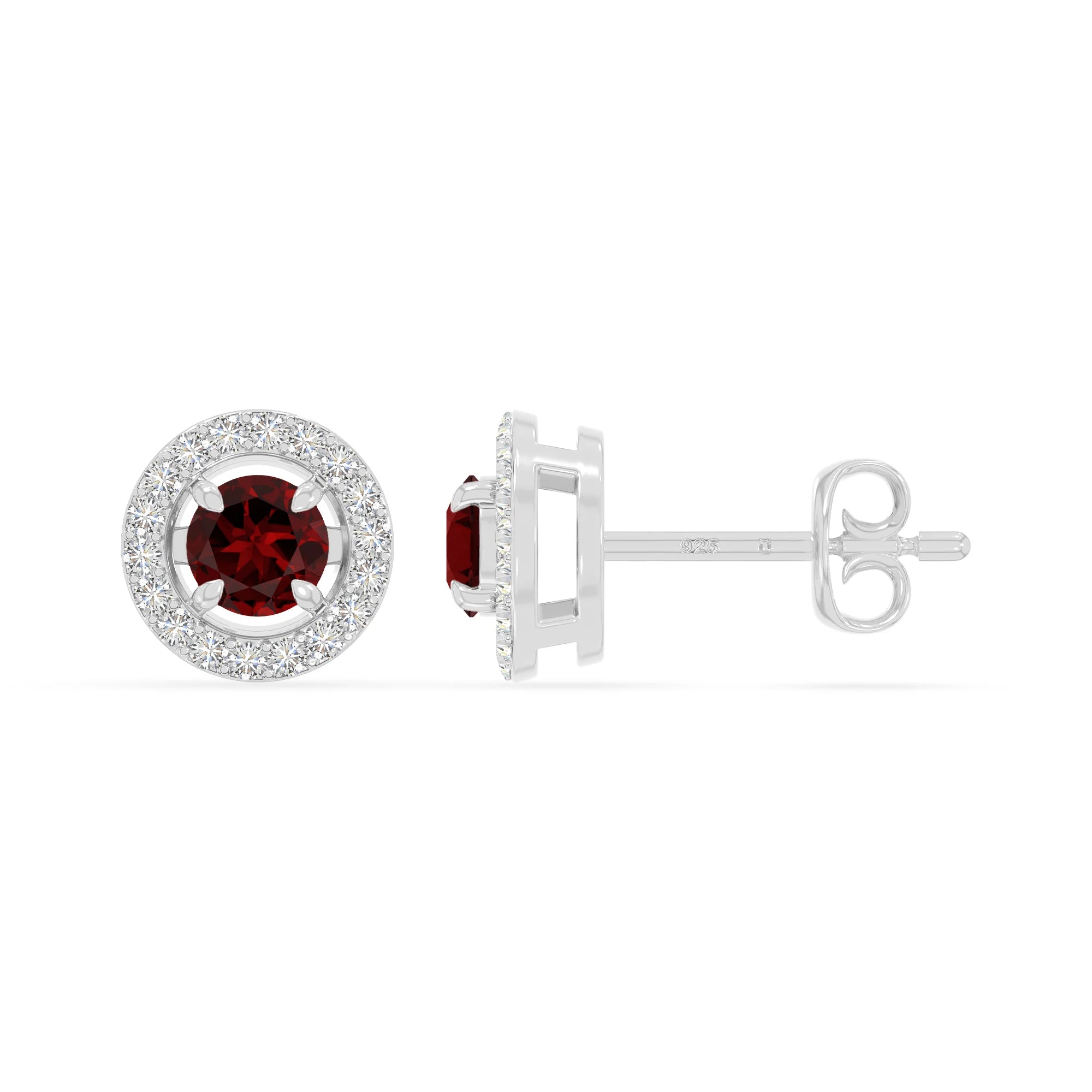 natural garnet halo stud earrings in sterling silver 