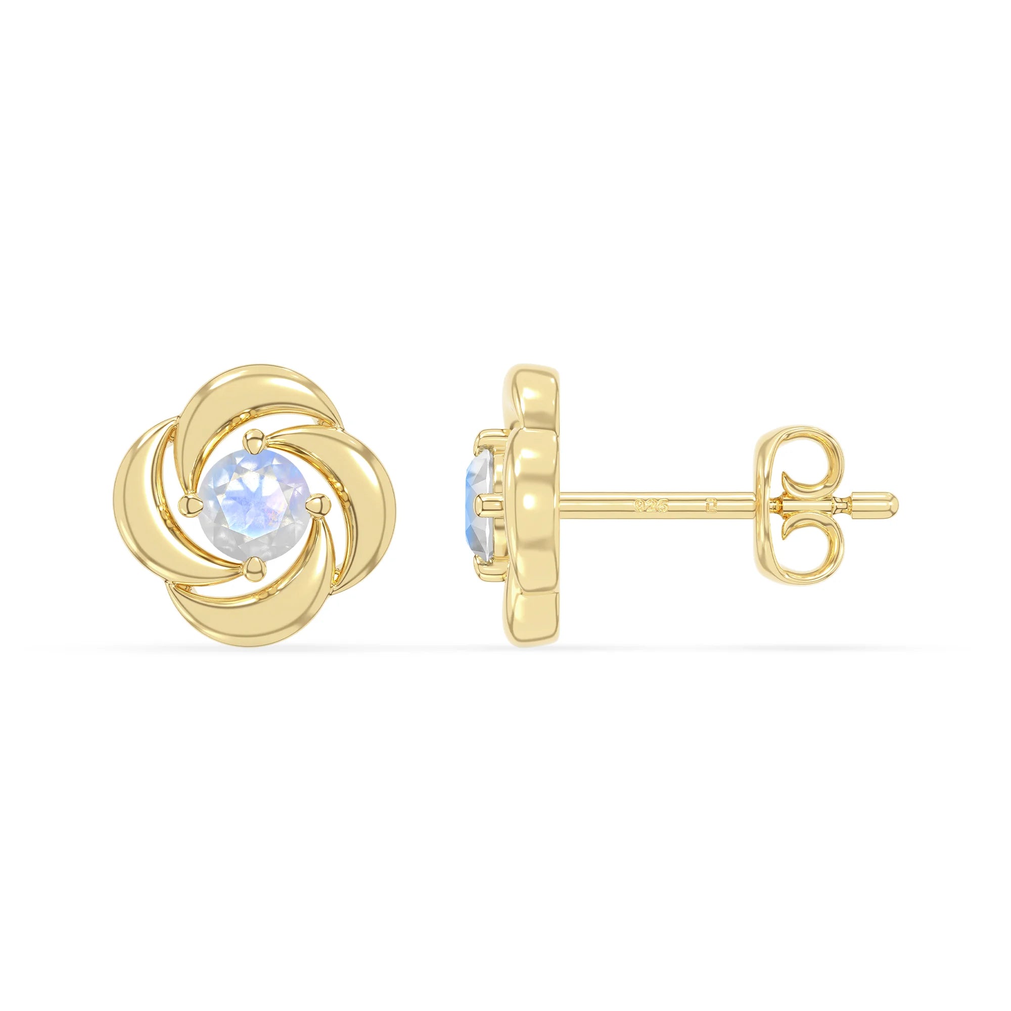 natural rainbow-moonstone flower stud earrings in yellow gold vermeil 