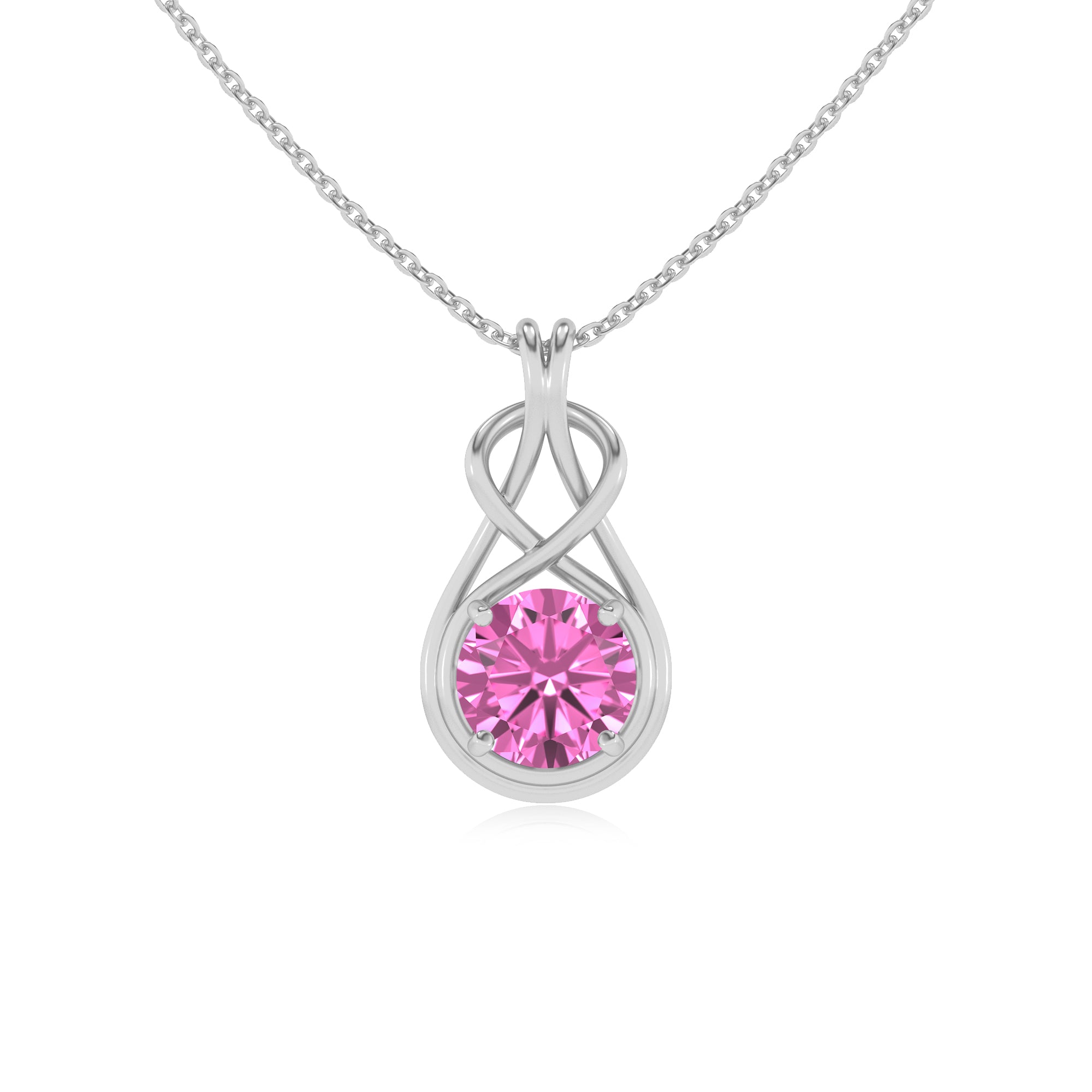 lab grown pink sapphire round shape solitaire infinity knot pendant necklace