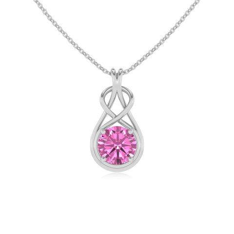 lab grown pink sapphire round shape solitaire infinity knot pendant necklace