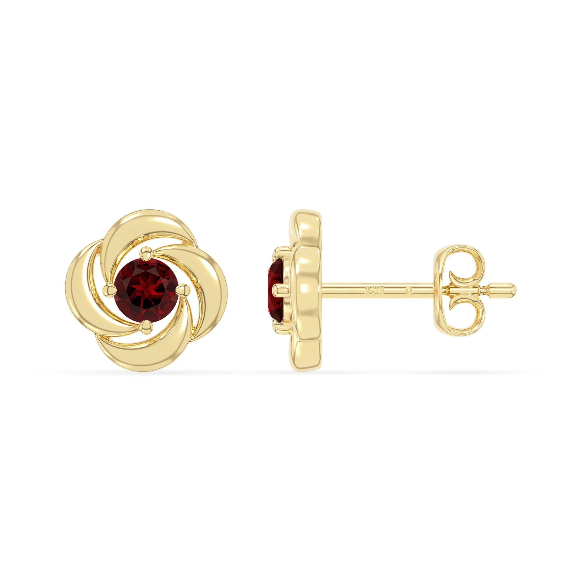 natural garnet flower stud earrings in yellow gold vermeil 
