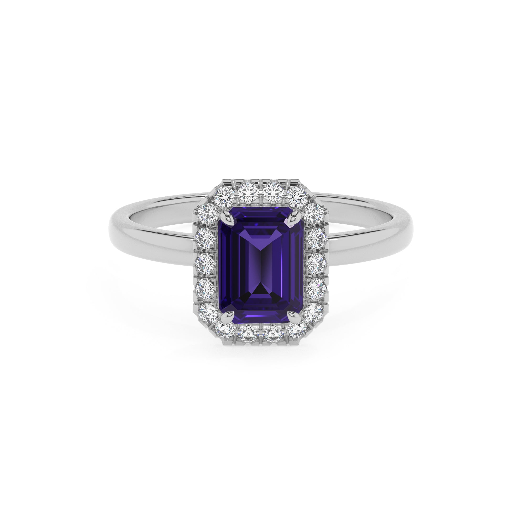 lab-grown tanzanite emerald halo solitaire engagement ring