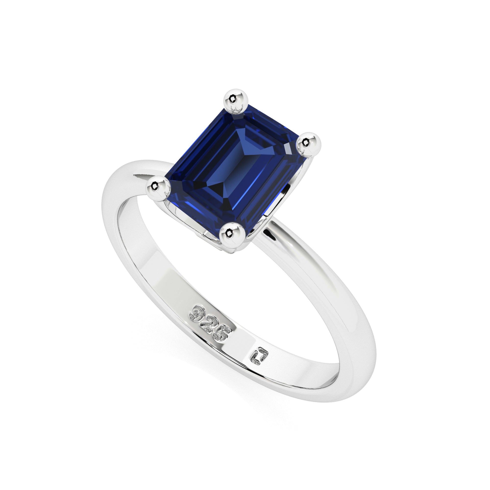 blue sapphire emerald cut solitaire prong-set ring