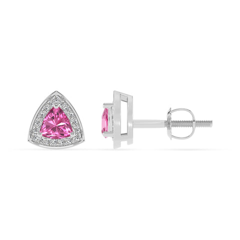 lab grown pink sapphire trillion stud earrings with moissanite 