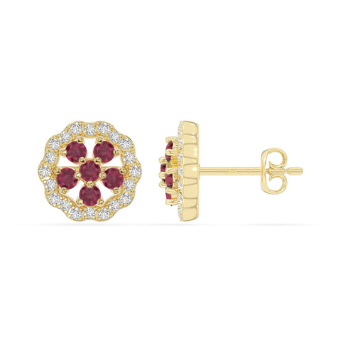 natural ruby flower stud earrings in yellow gold vermeil 