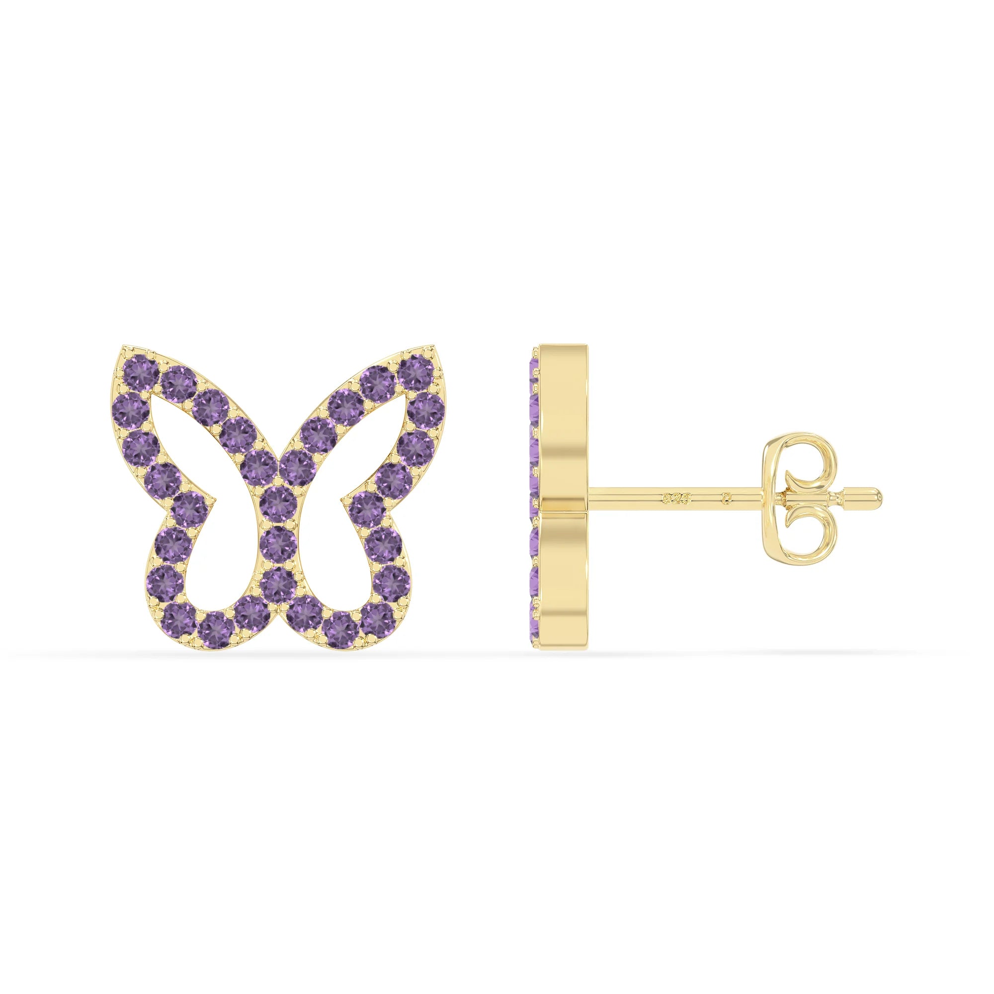 natural amethyst butterfly stud earrings in yellow gold vermeil 