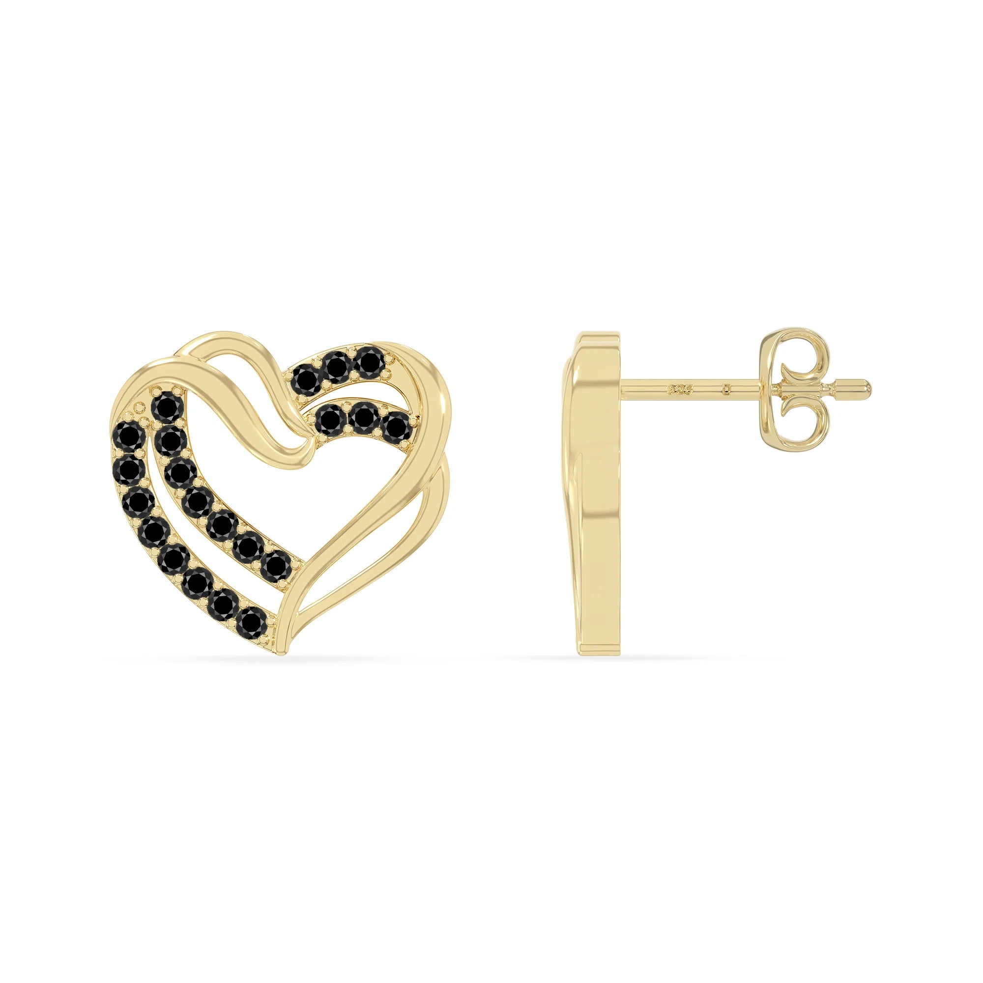 natural black-onyx heart-in-heart stud earrings in yellow gold vermeil 