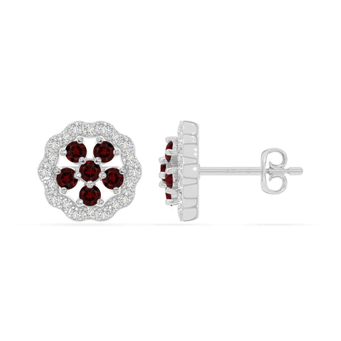natural garnet flower stud earrings in sterling silver 