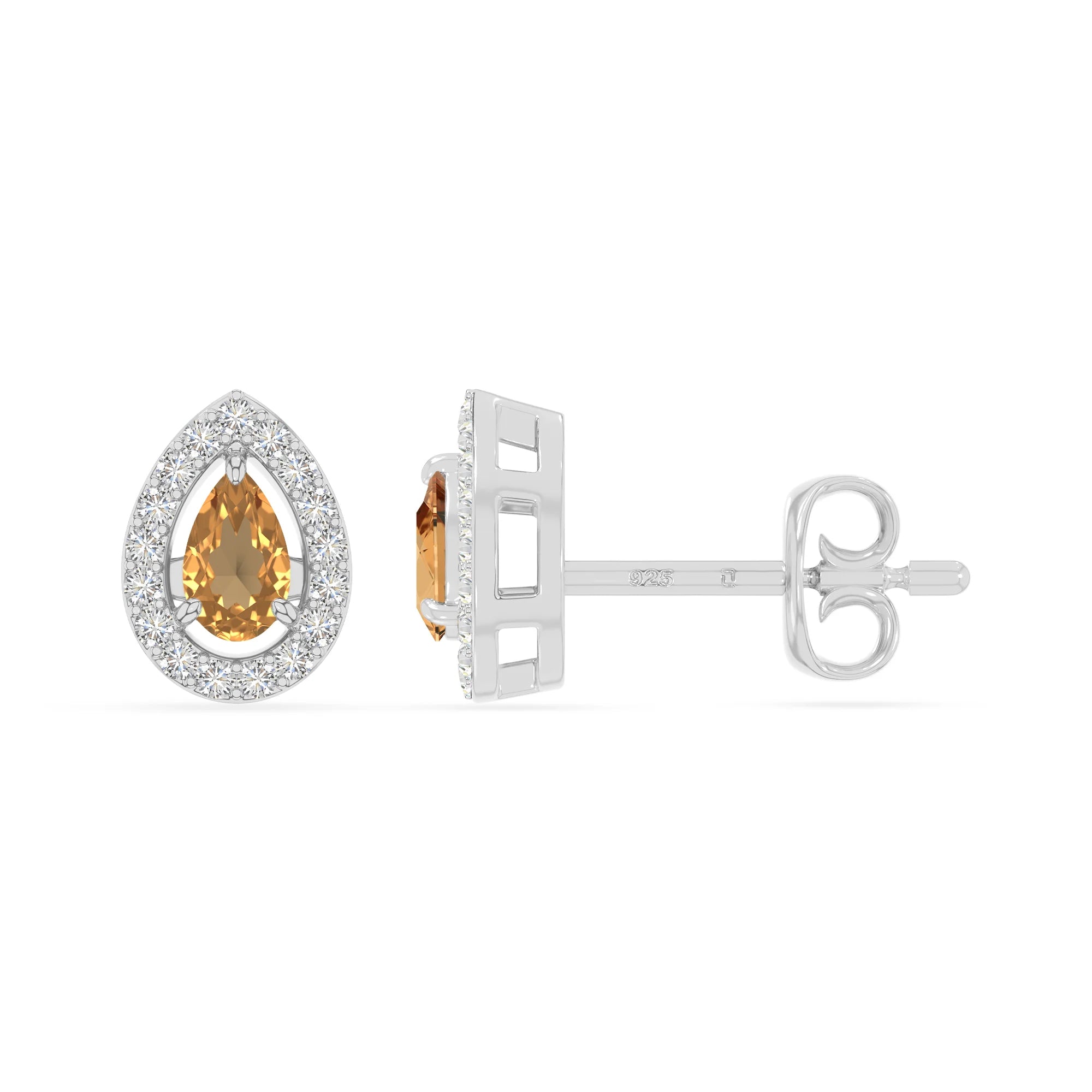 natural citrine halo stud earrings in sterling silver 
