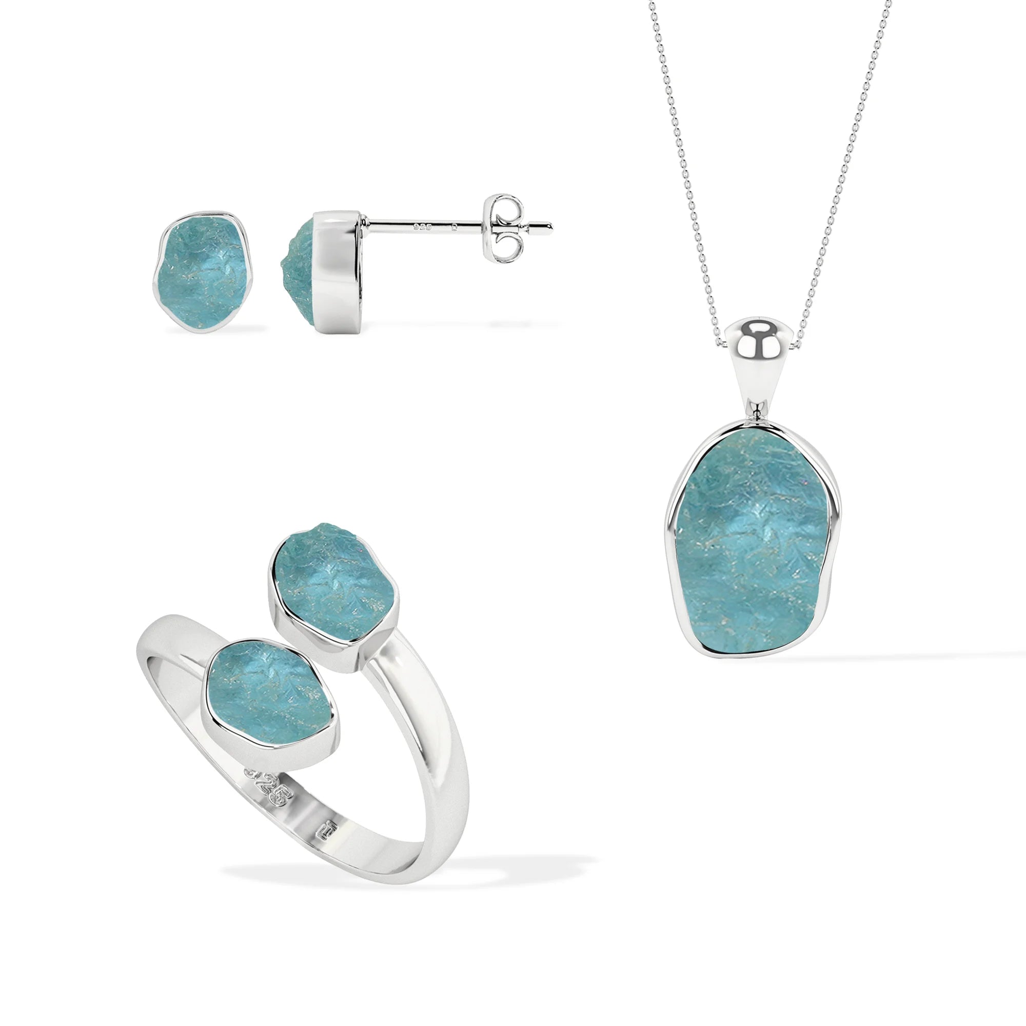aquamarine rough shape stackable bezel Jewelry set
