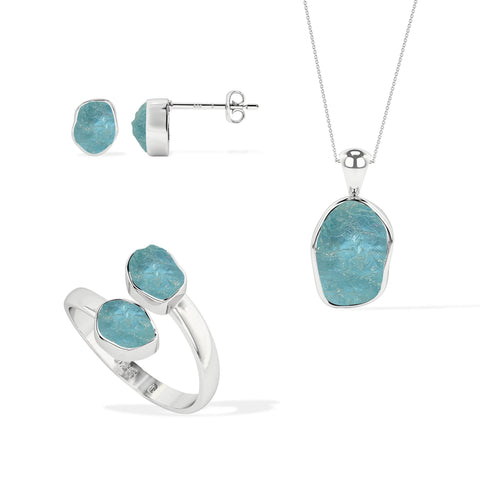 aquamarine rough shape stackable bezel Jewelry set