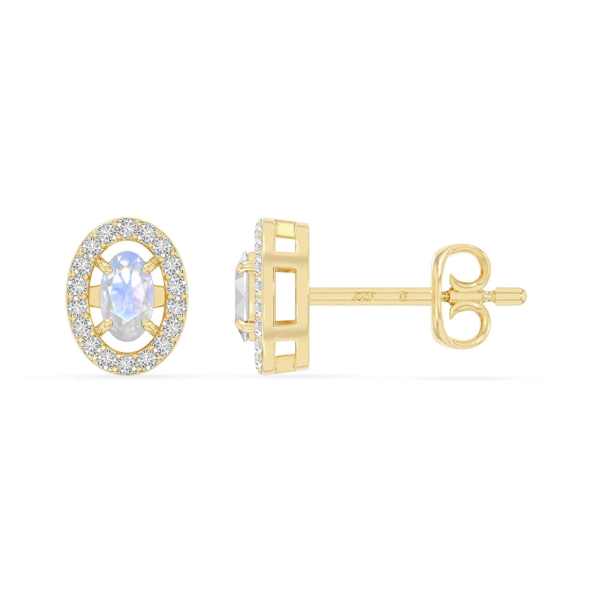 natural rainbow-moonstone halo stud earrings in yellow gold vermeil 