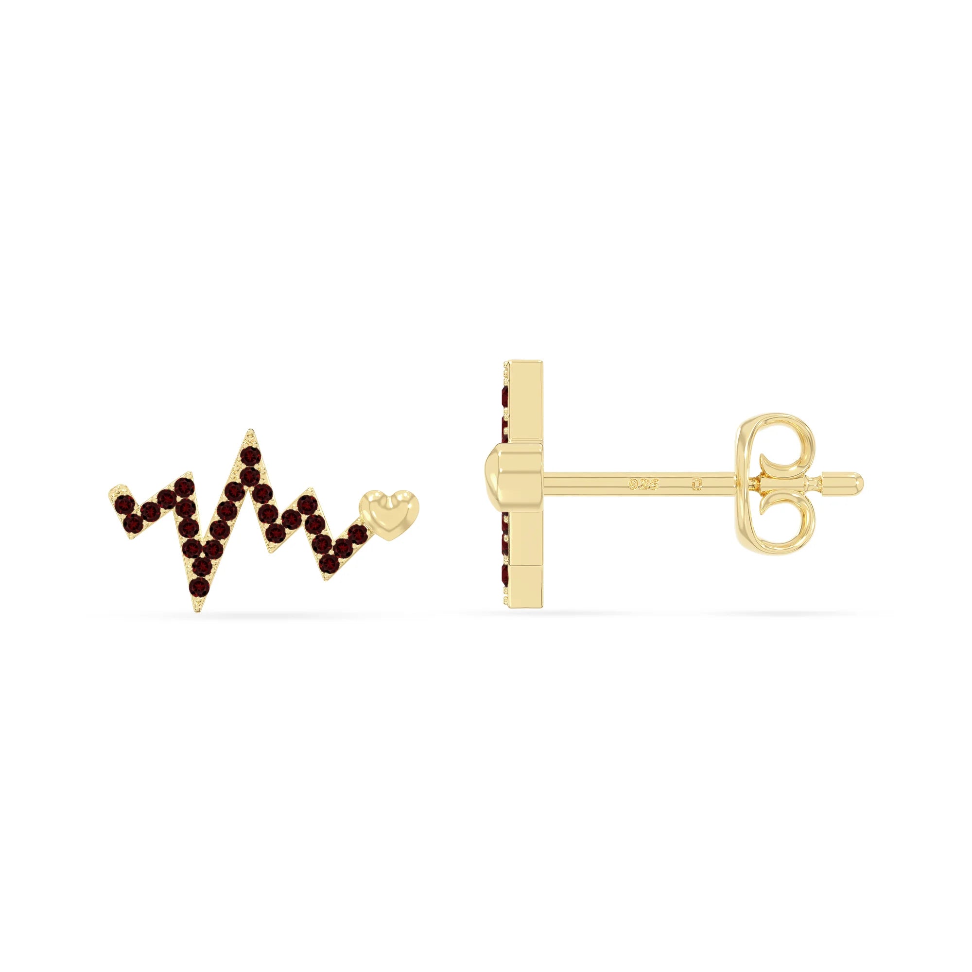 natural garnet heartbeat stud earrings in yellow gold vermeil 