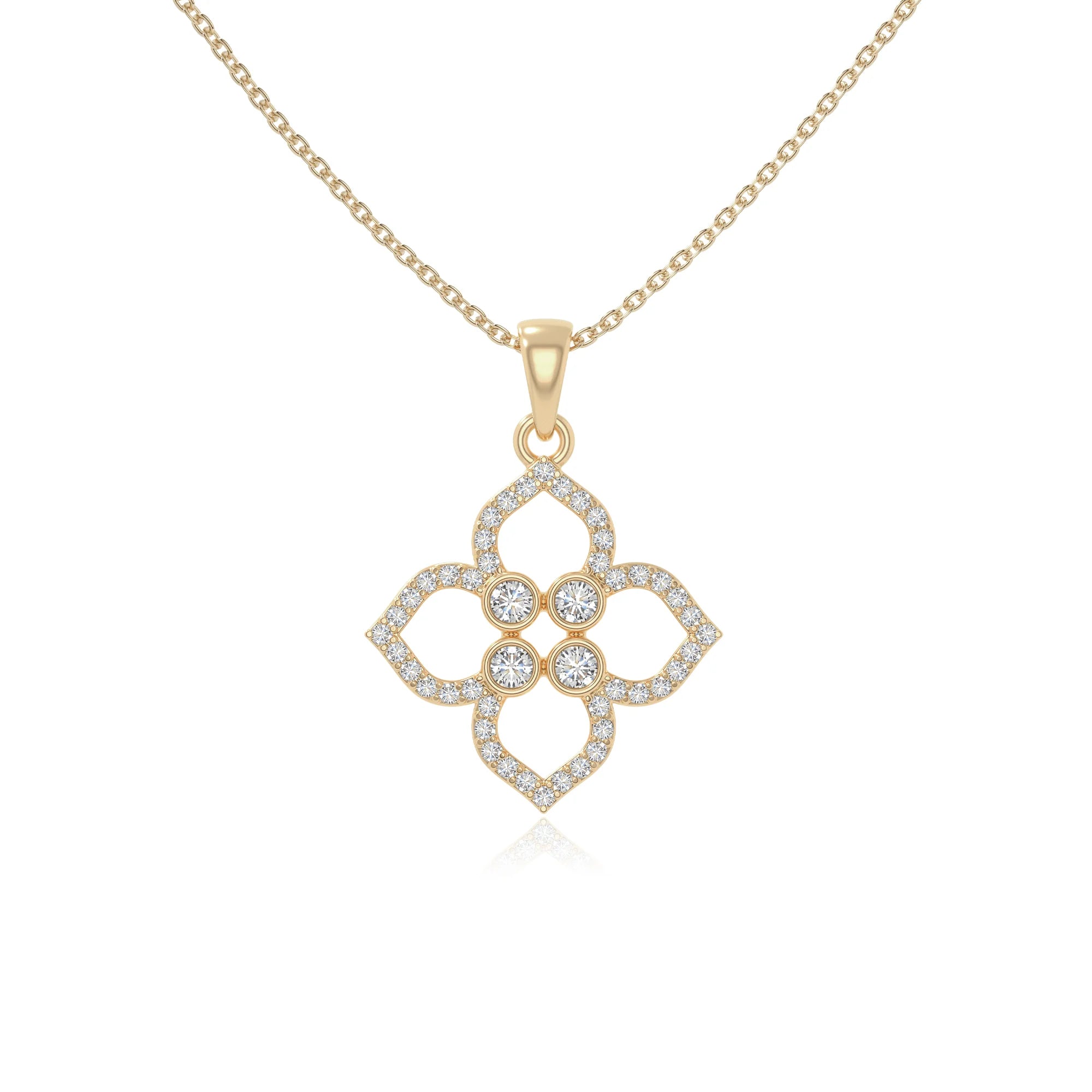 moissanite 4 petal flower necklaces in yellow gold vermeil 