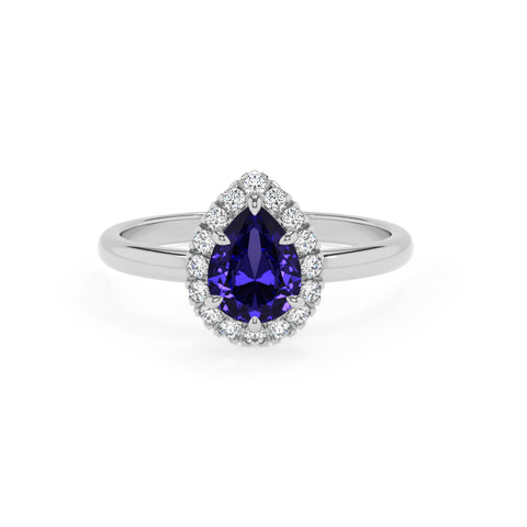 lab-grown tanzanite pear halo solitaire engagement ring