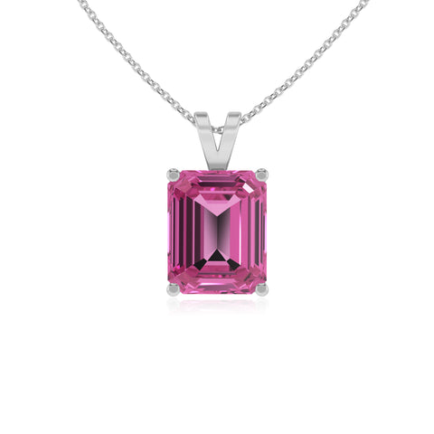 lab grown pink sapphire emerald-cut shape solitaire v-bale pendant necklace